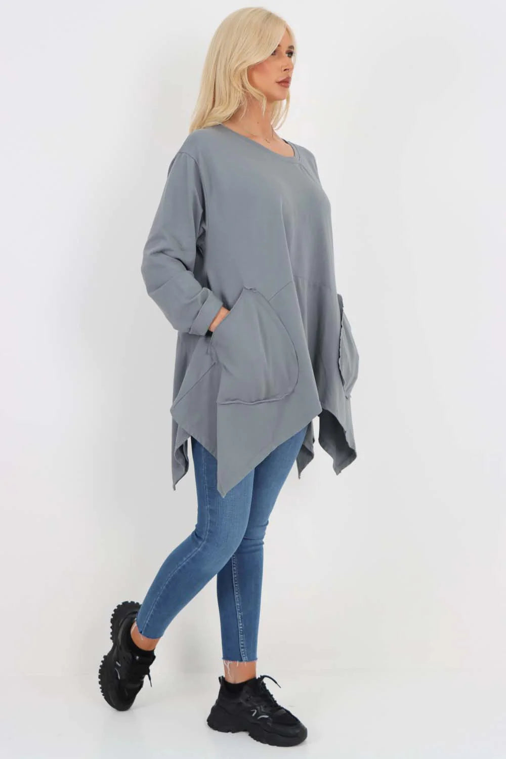 Italian Diagonal Pockets Cotton Tunic Top - Dark Grey