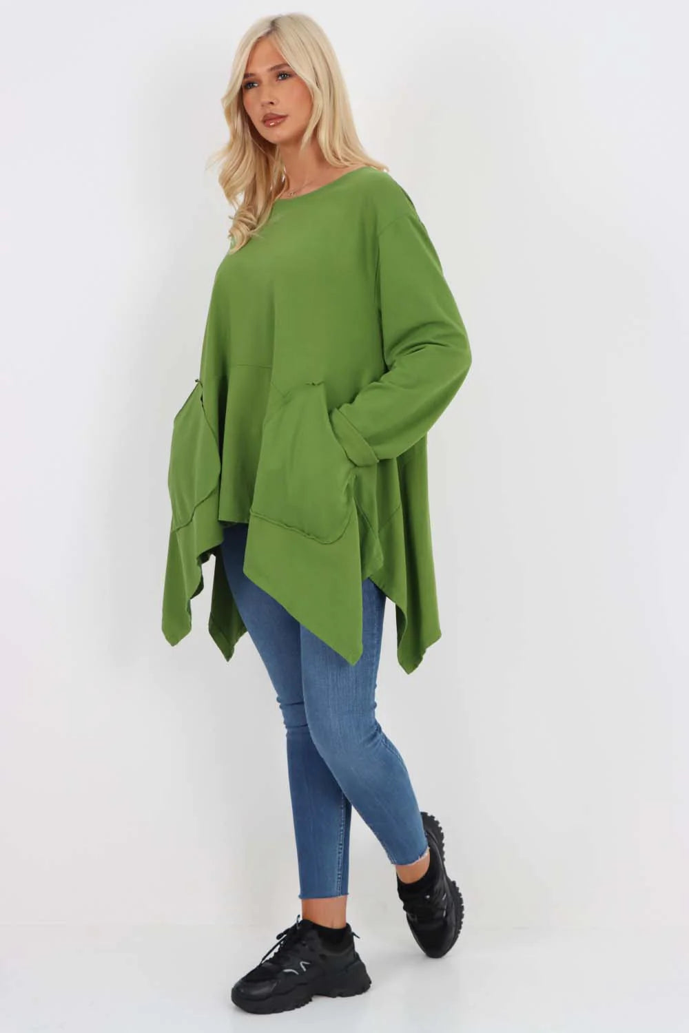 Italian Diagonal Pockets Cotton Tunic Top - Green