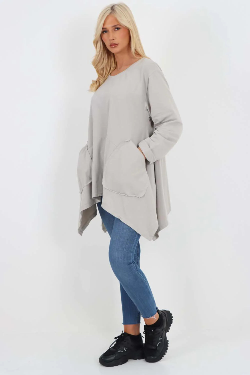 Italian Diagonal Pockets Cotton Tunic Top - Grey