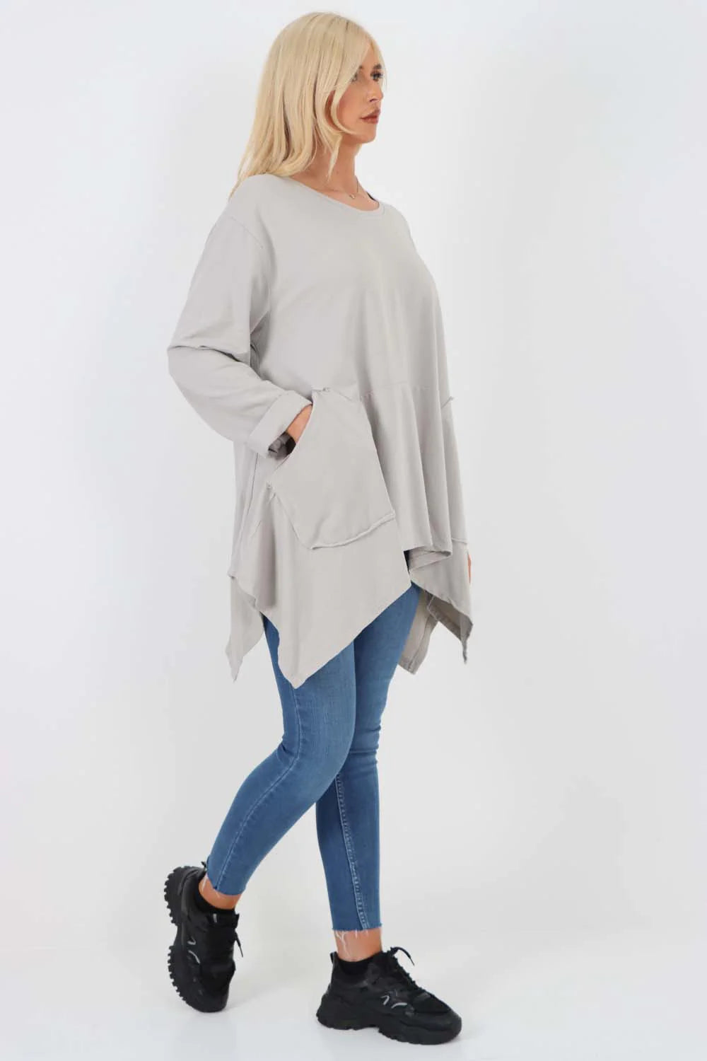 Italian Diagonal Pockets Cotton Tunic Top - Grey