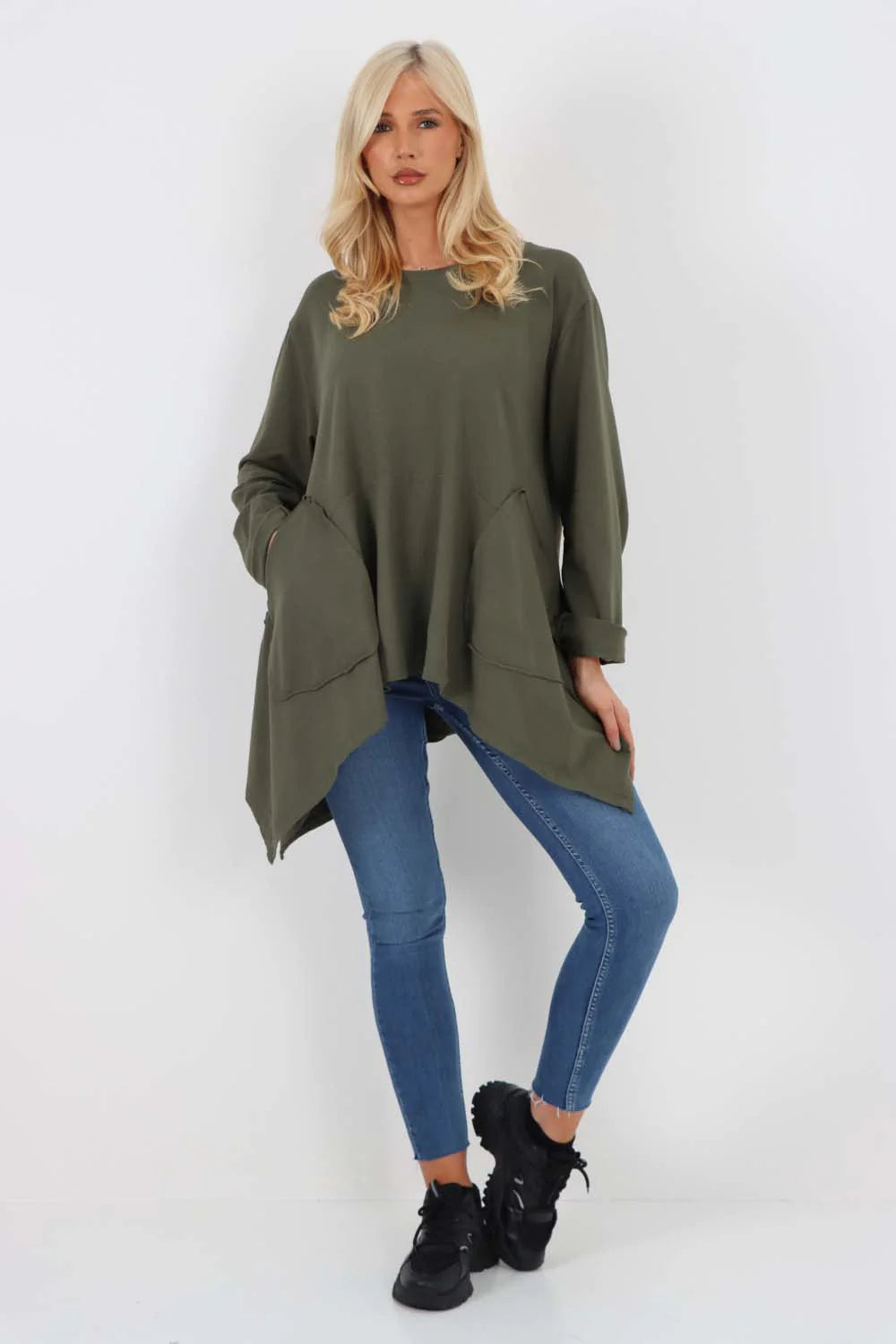 Italian Diagonal Pockets Cotton Tunic Top - Khaki