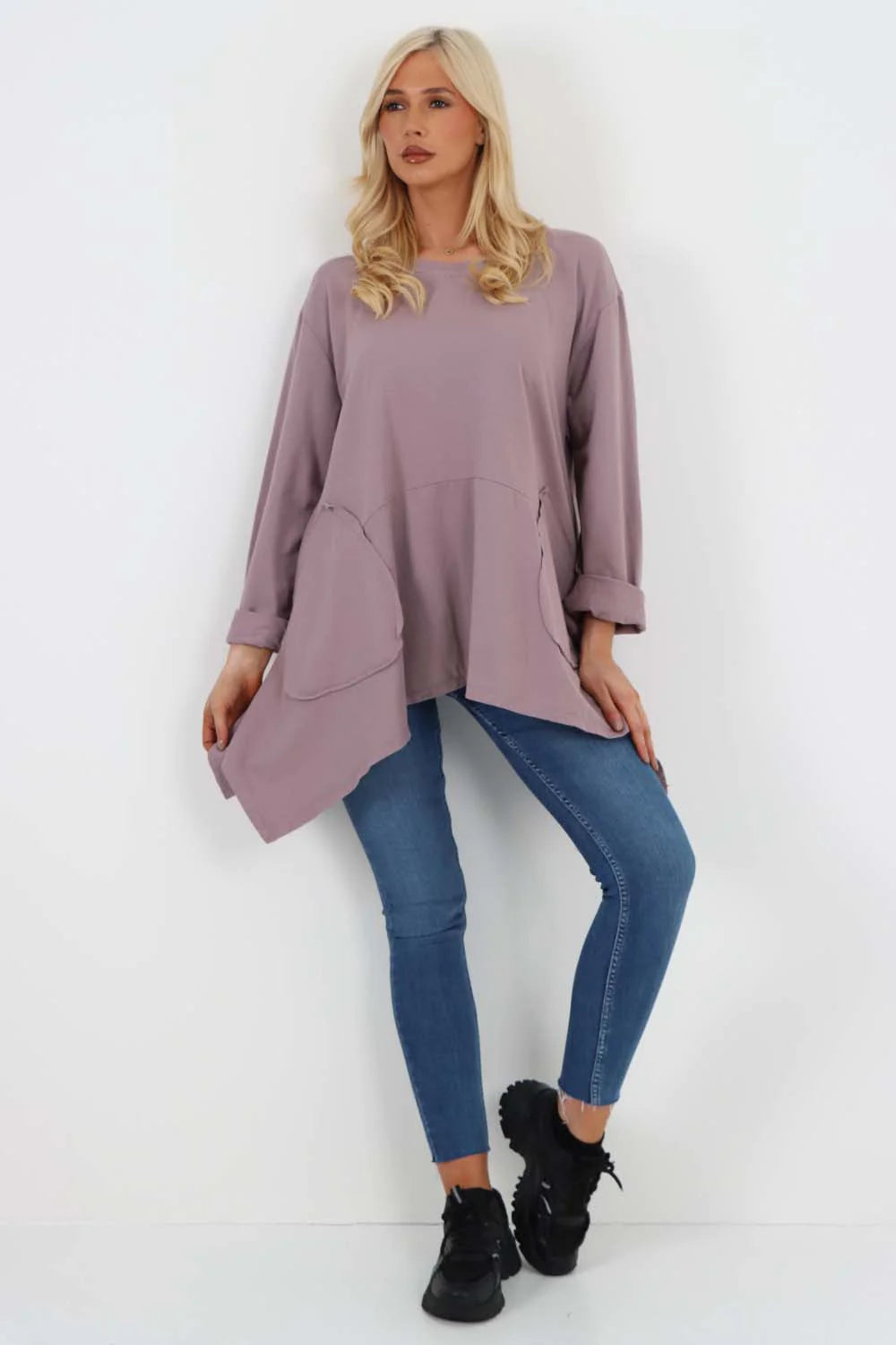 Italian Diagonal Pockets Cotton Tunic Top - Lilac