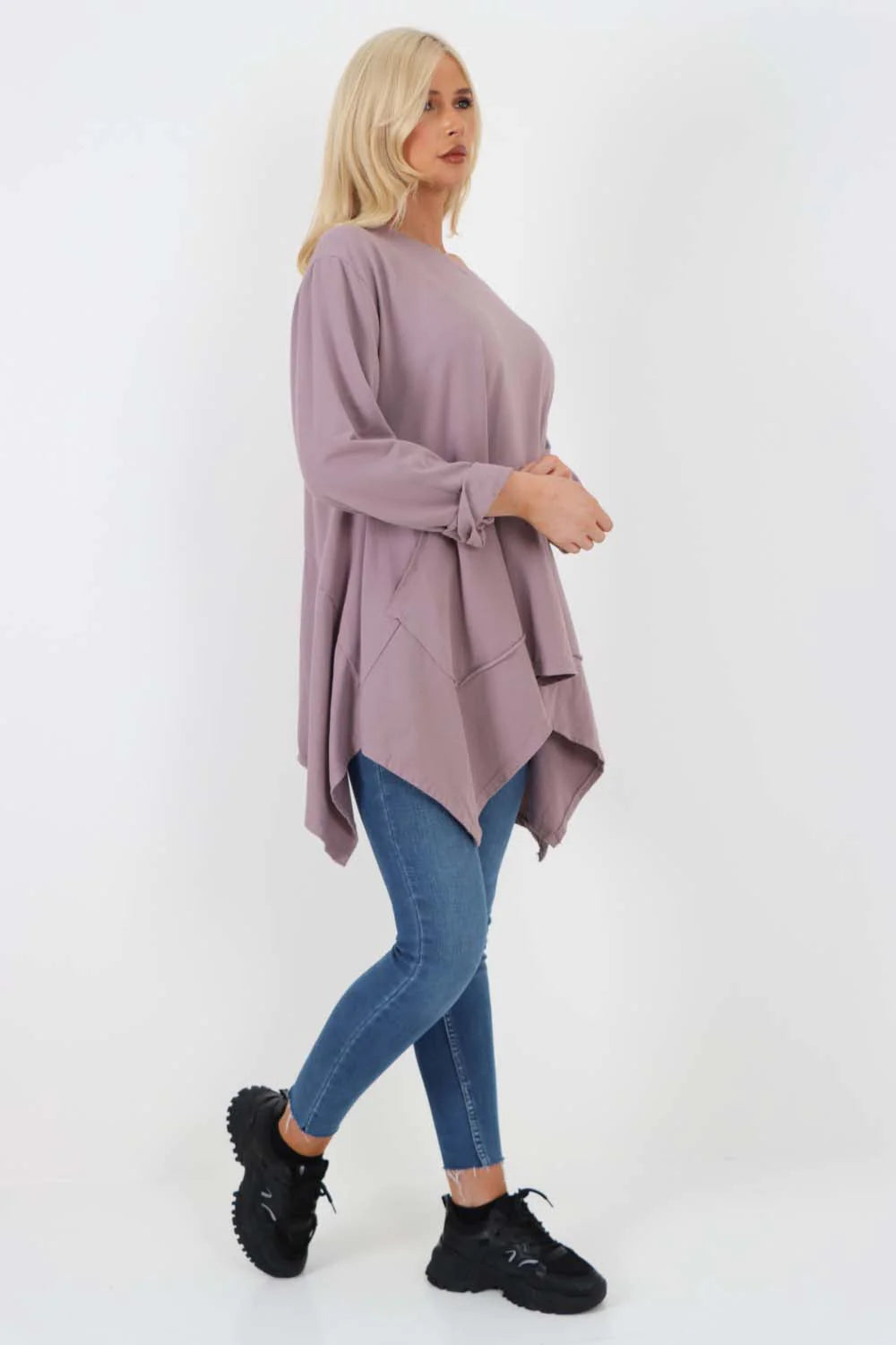 Italian Diagonal Pockets Cotton Tunic Top - Lilac