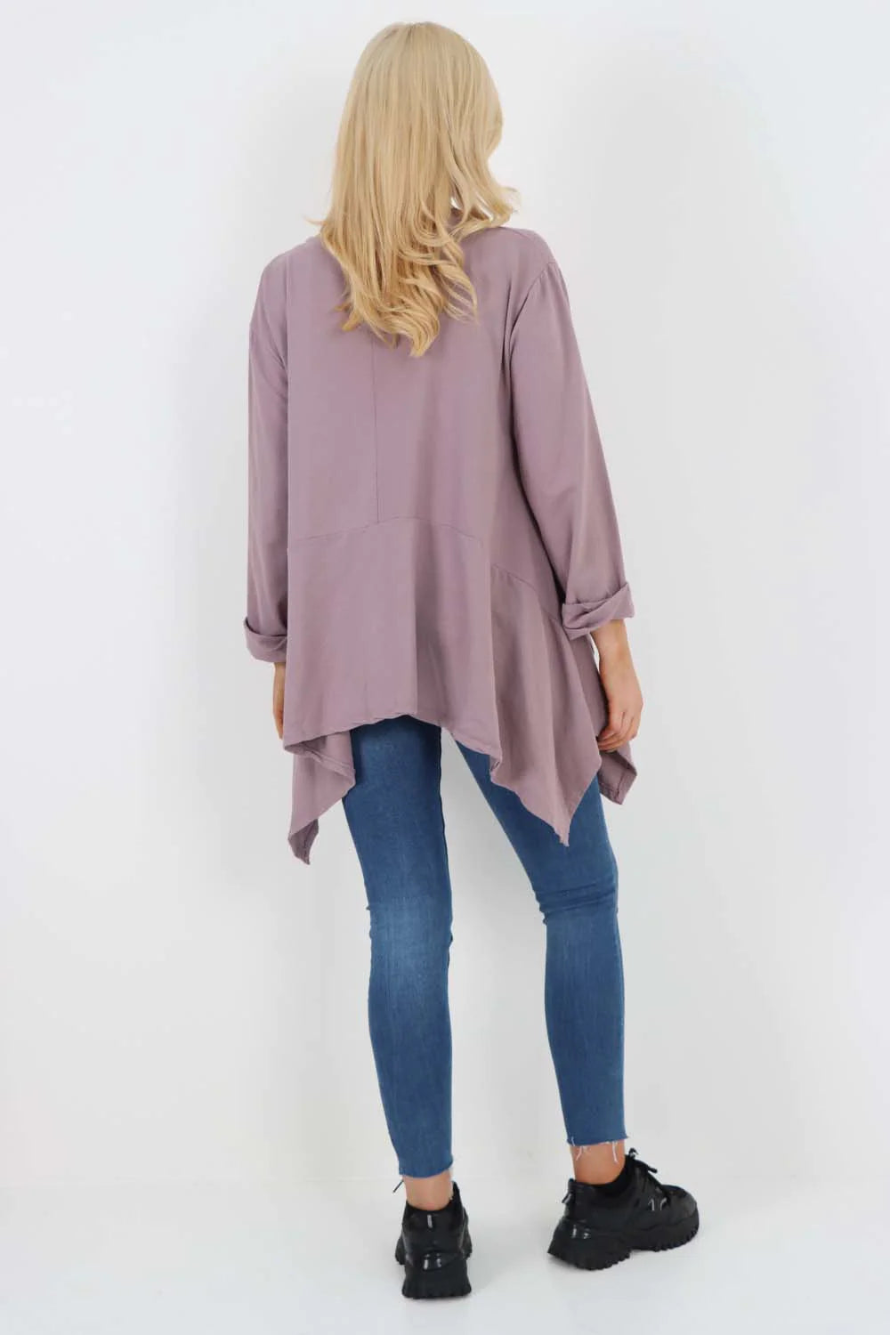 Italian Diagonal Pockets Cotton Tunic Top - Lilac