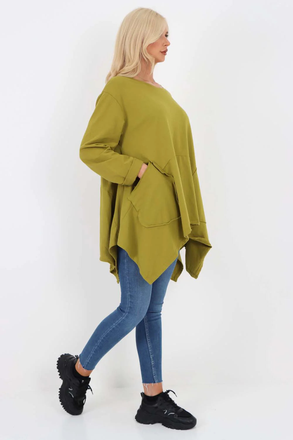 Italian Diagonal Pockets Cotton Tunic Top - Lime Green