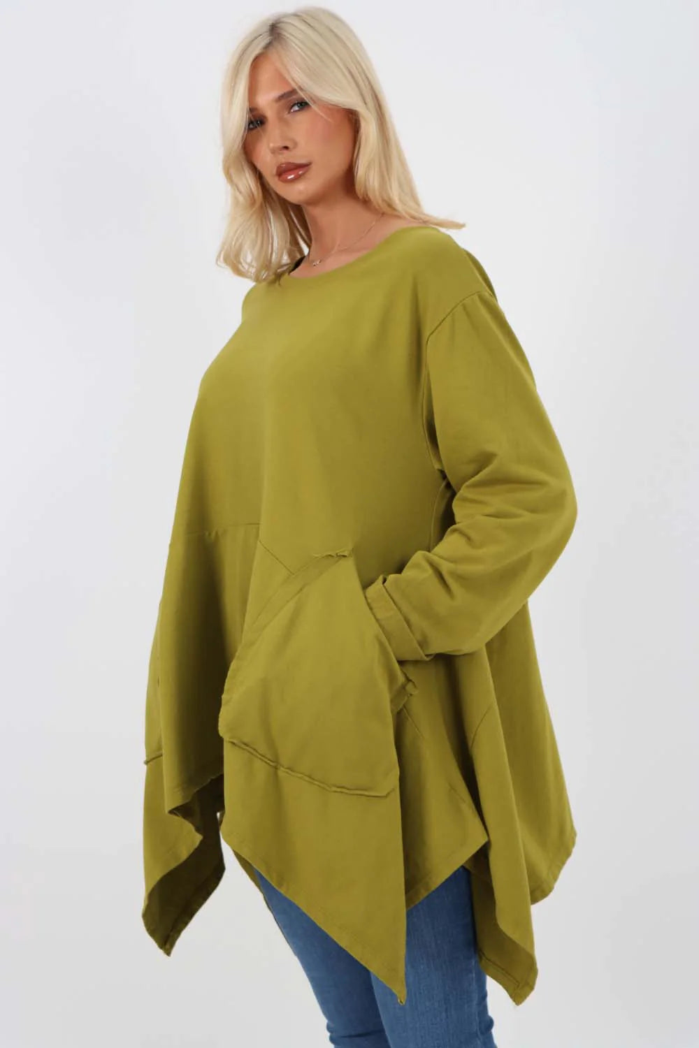 Italian Diagonal Pockets Cotton Tunic Top - Lime Green