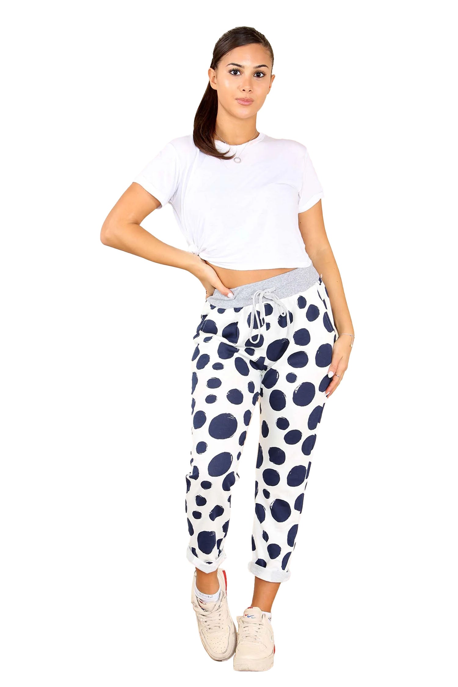 Italian Dotted Print Drawstring Cotton Joggers - White