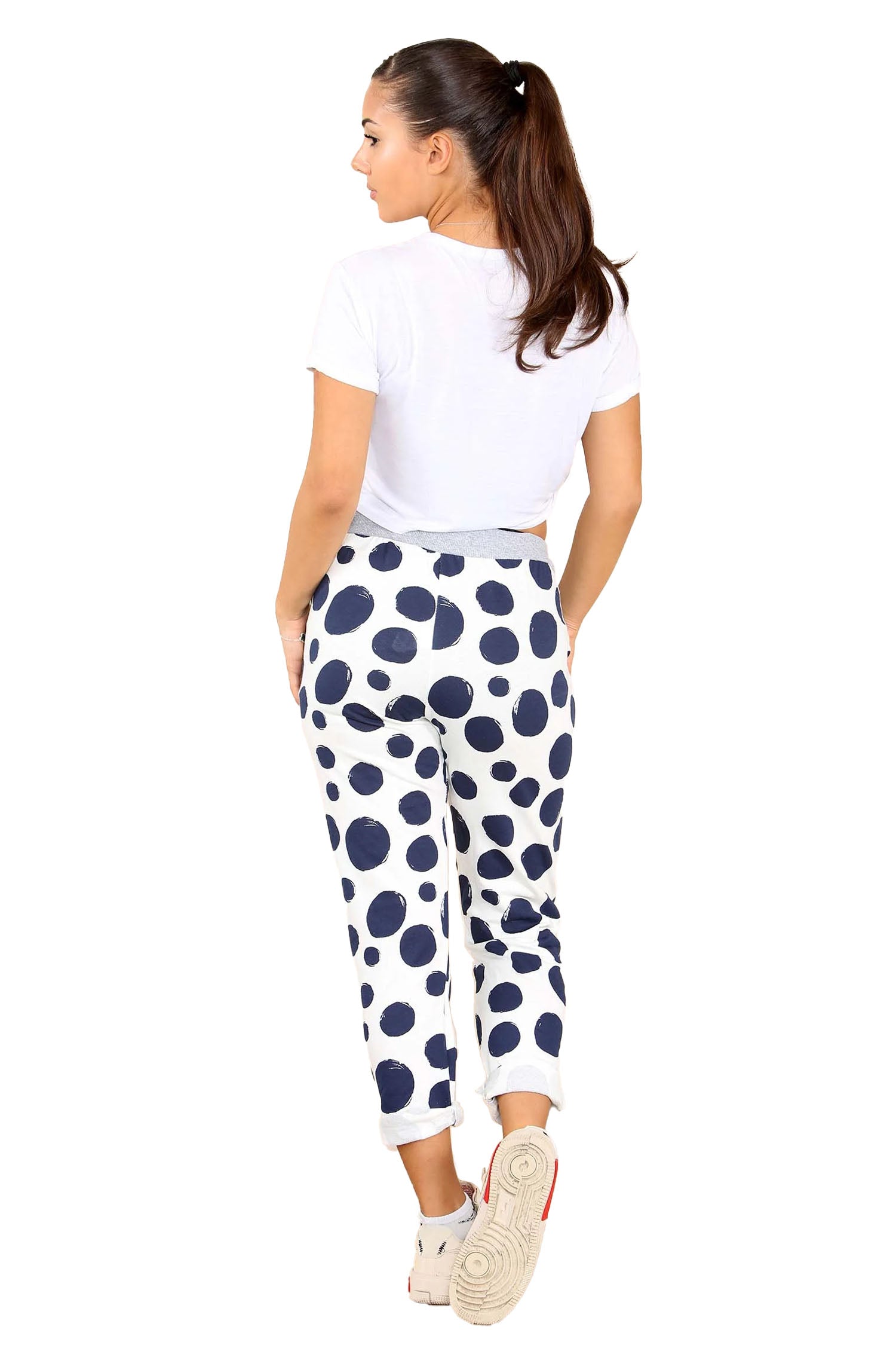 Italian Dotted Print Drawstring Cotton Joggers - White