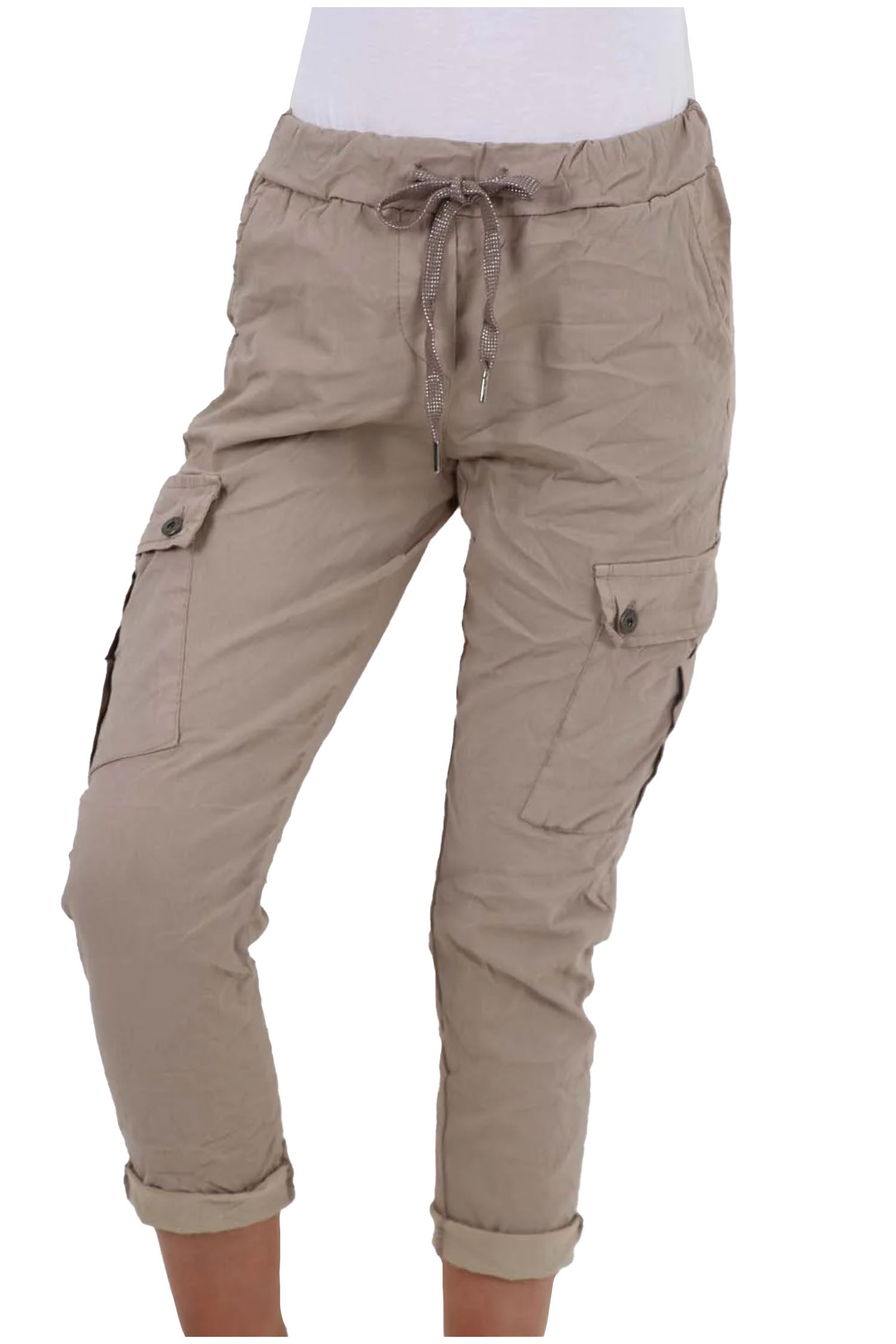 Italian Drawstring Waistband Magic Cargo Trouser - Beige