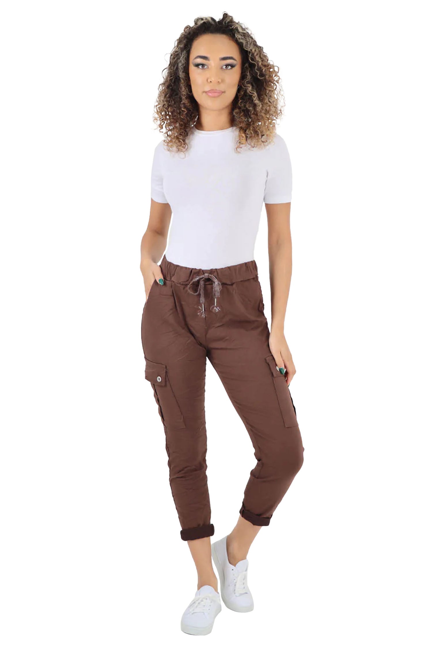 Italian Drawstring Waistband Magic Cargo Trouser - Chocolate Brown