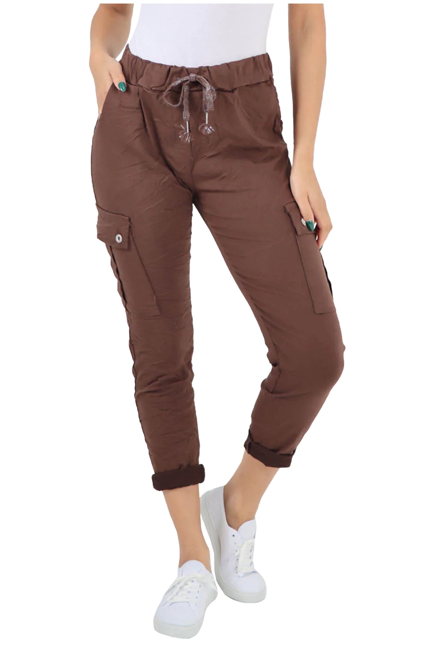 Italian Drawstring Waistband Magic Cargo Trouser - Chocolate Brown