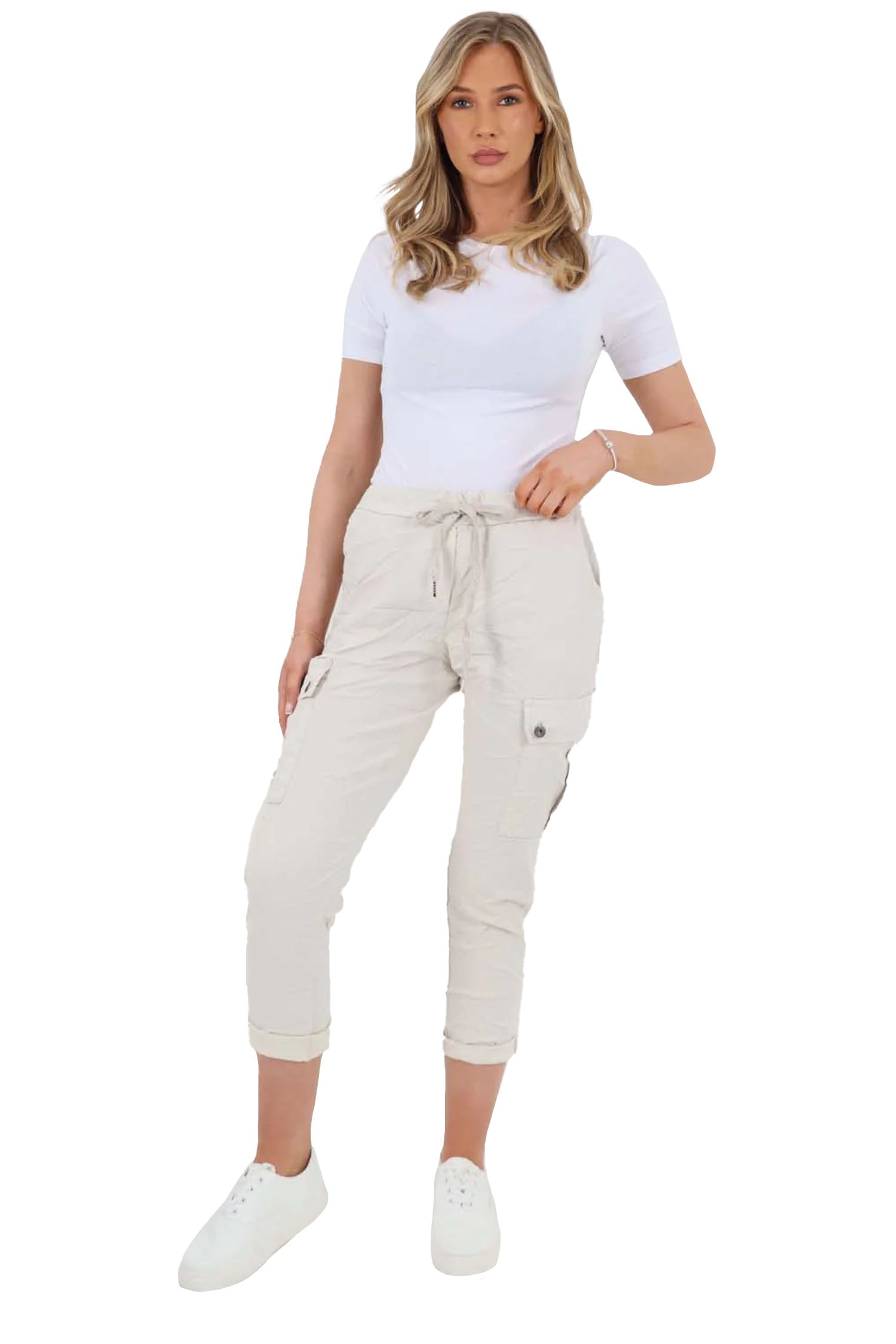 Italian Drawstring Waistband Magic Cargo Trouser - Cream