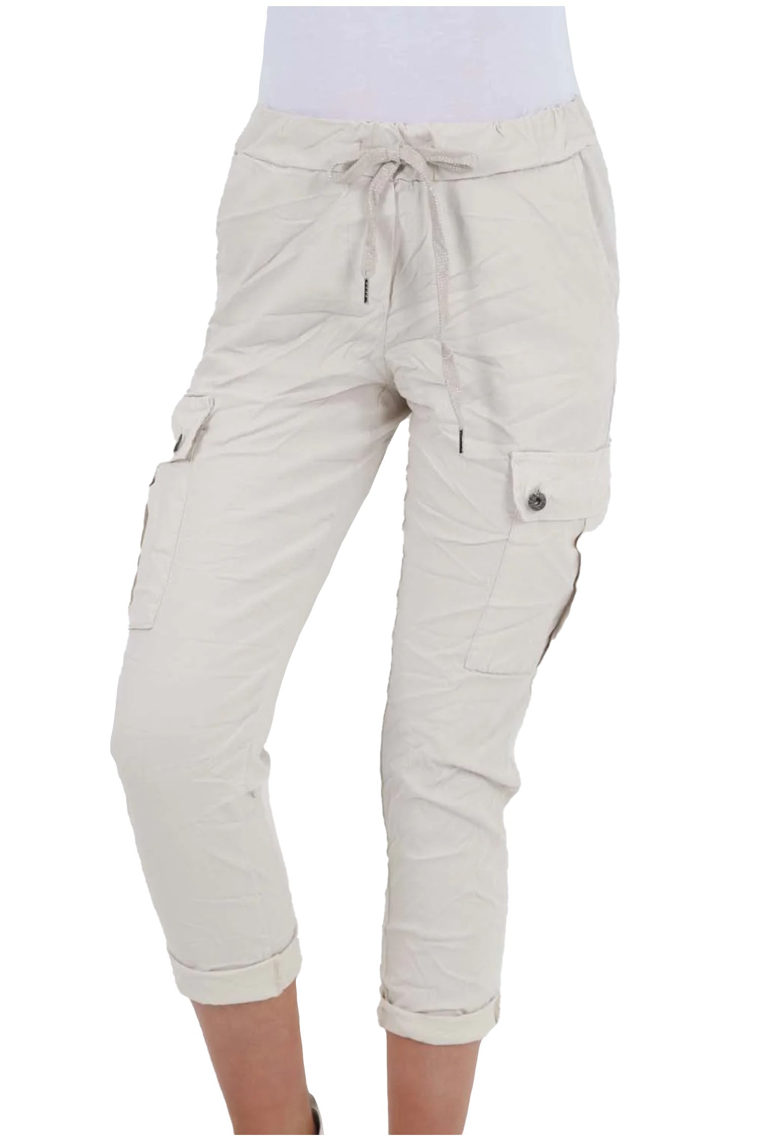 Italian Drawstring Waistband Magic Cargo Trouser - Cream