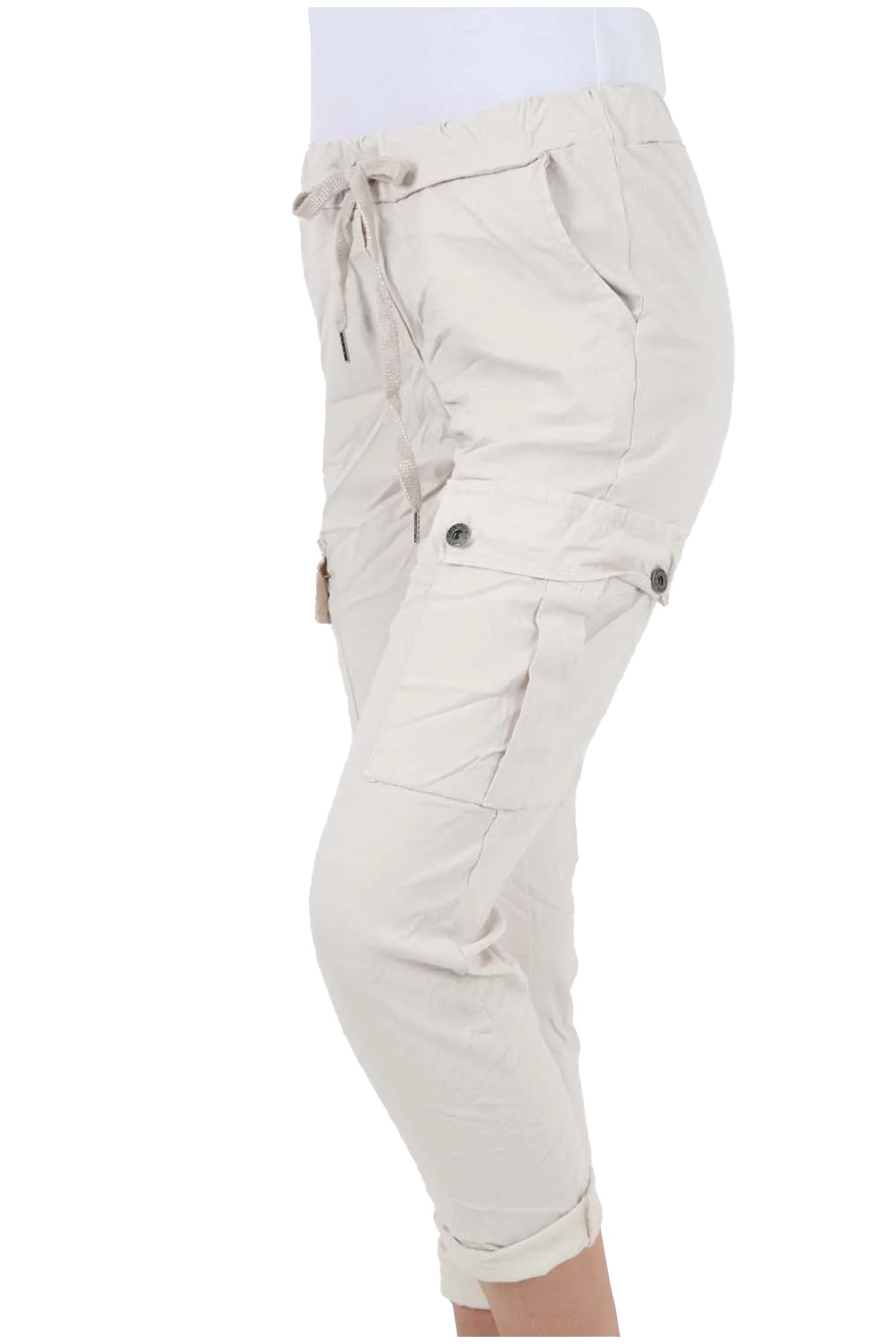 Italian Drawstring Waistband Magic Cargo Trouser - Cream