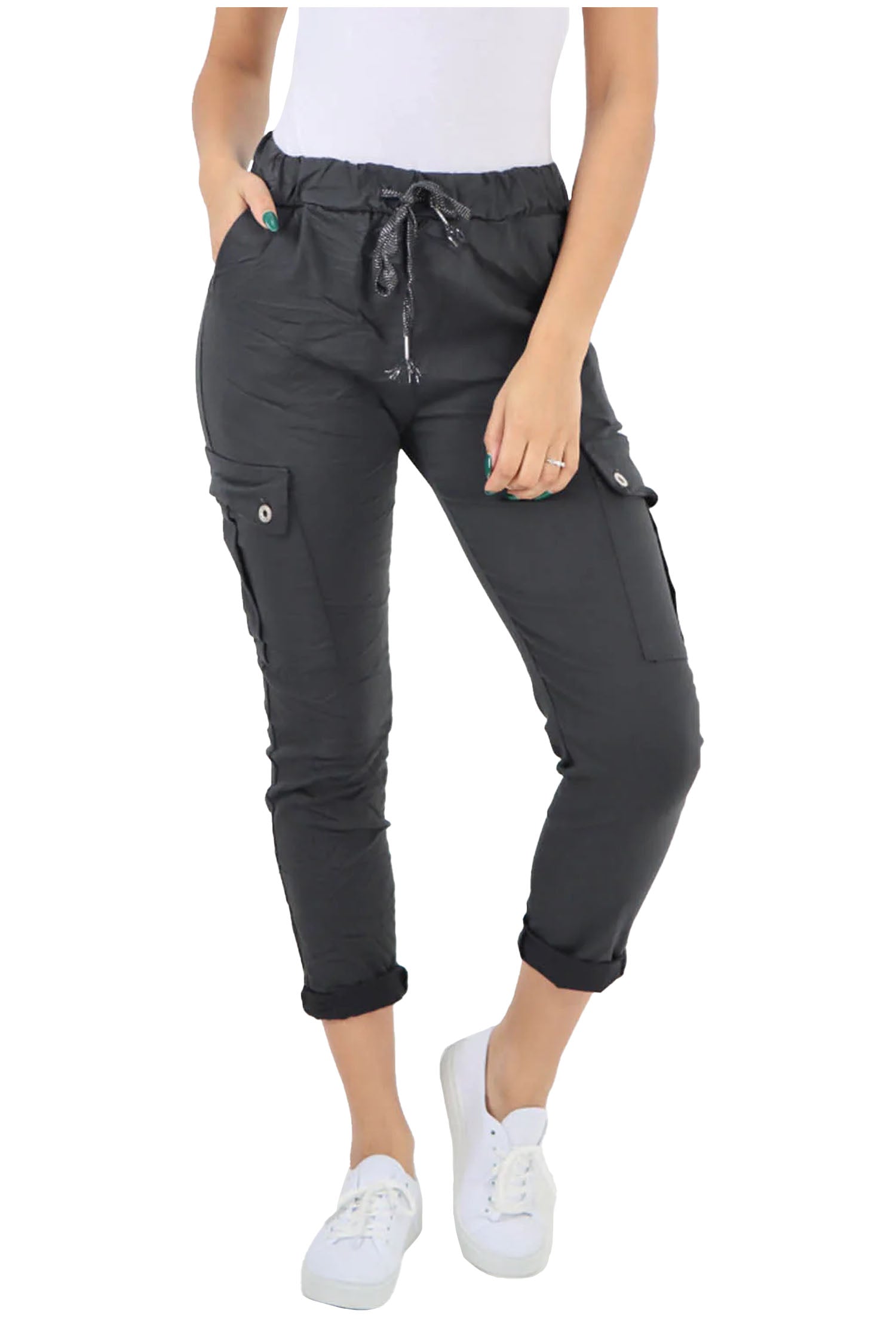 Italian Drawstring Waistband Magic Cargo Trouser - Dark Grey