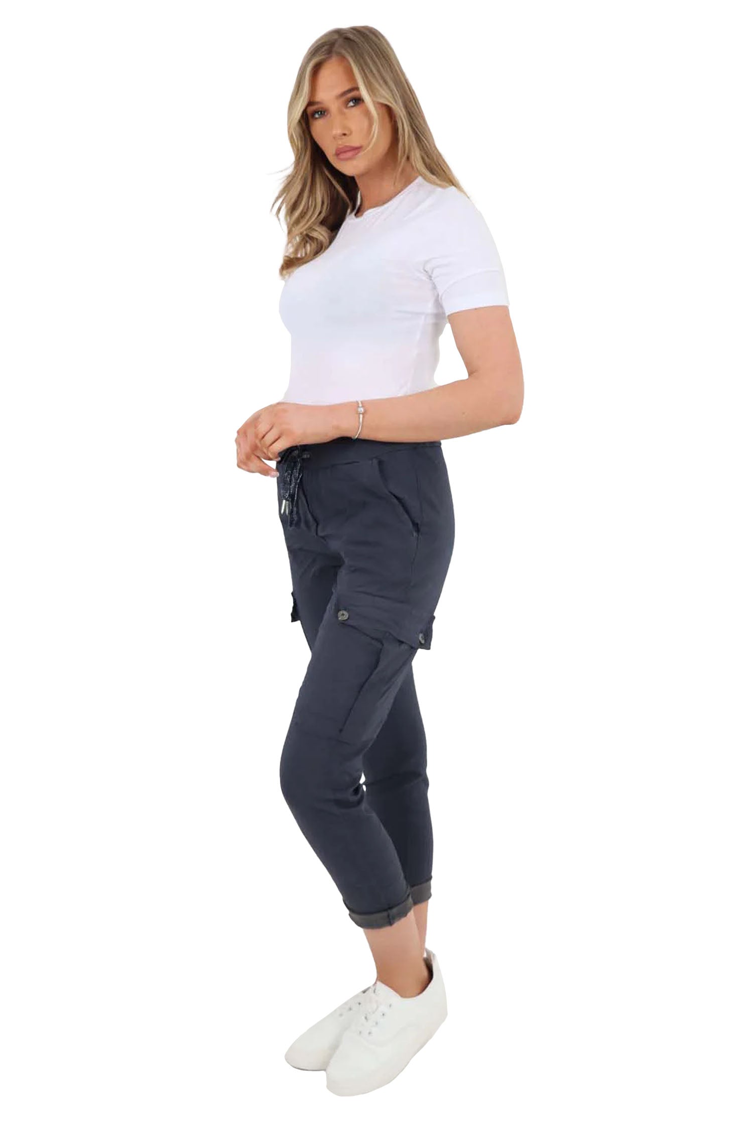 Italian Drawstring Waistband Magic Cargo Trouser - Navy Blue