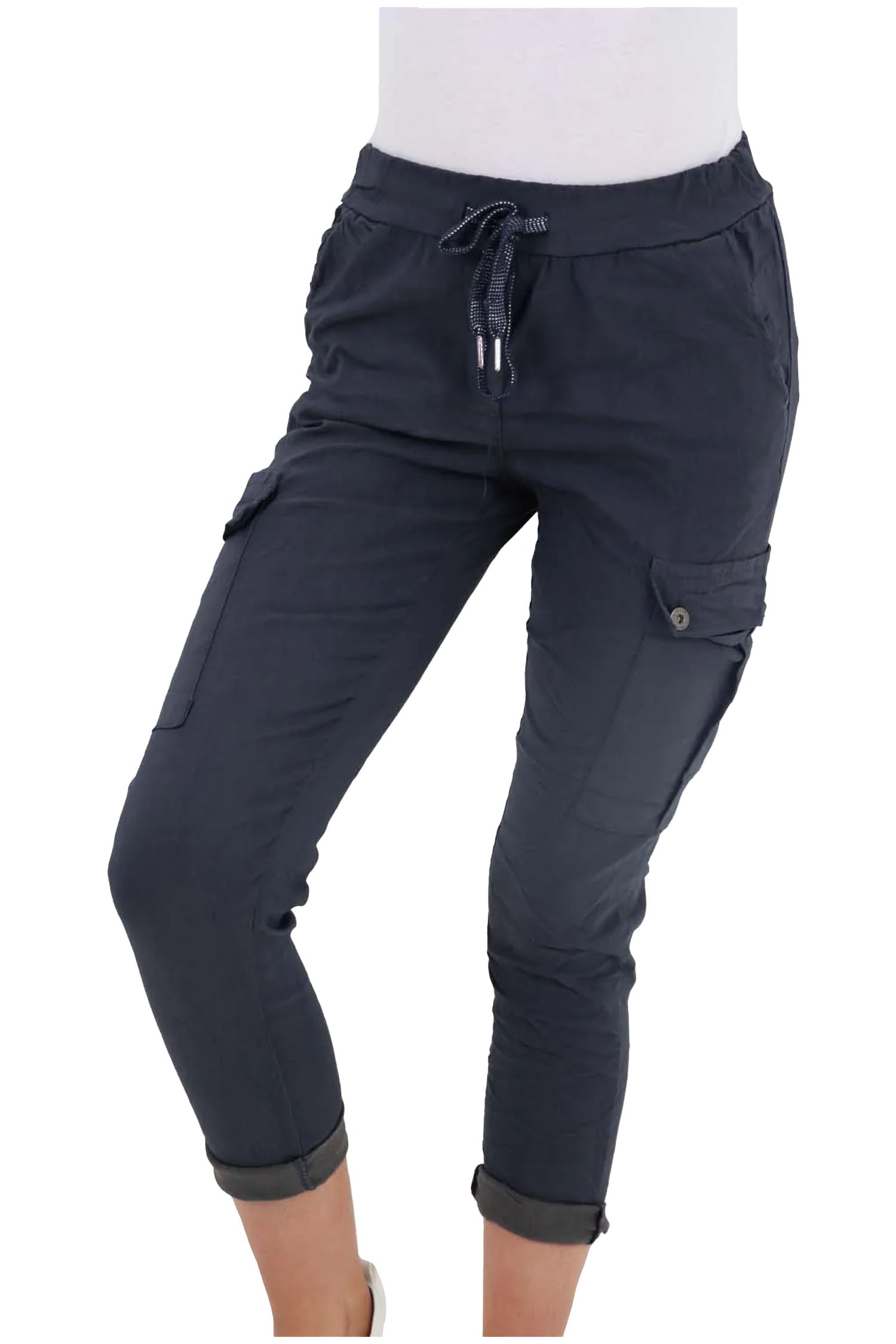 Italian Drawstring Waistband Magic Cargo Trouser - Navy Blue