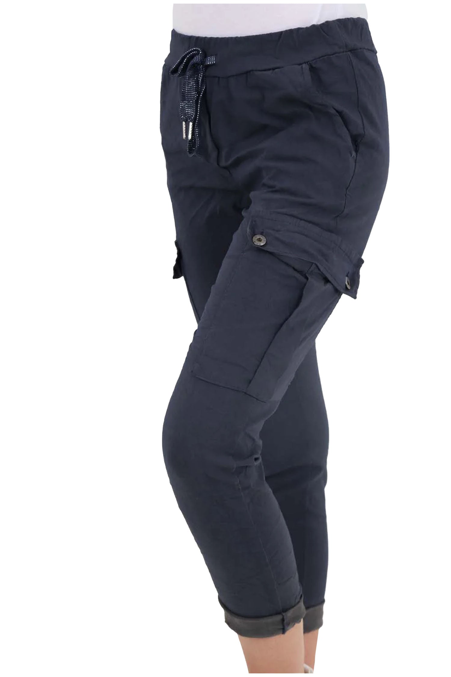 Italian Drawstring Waistband Magic Cargo Trouser - Navy Blue