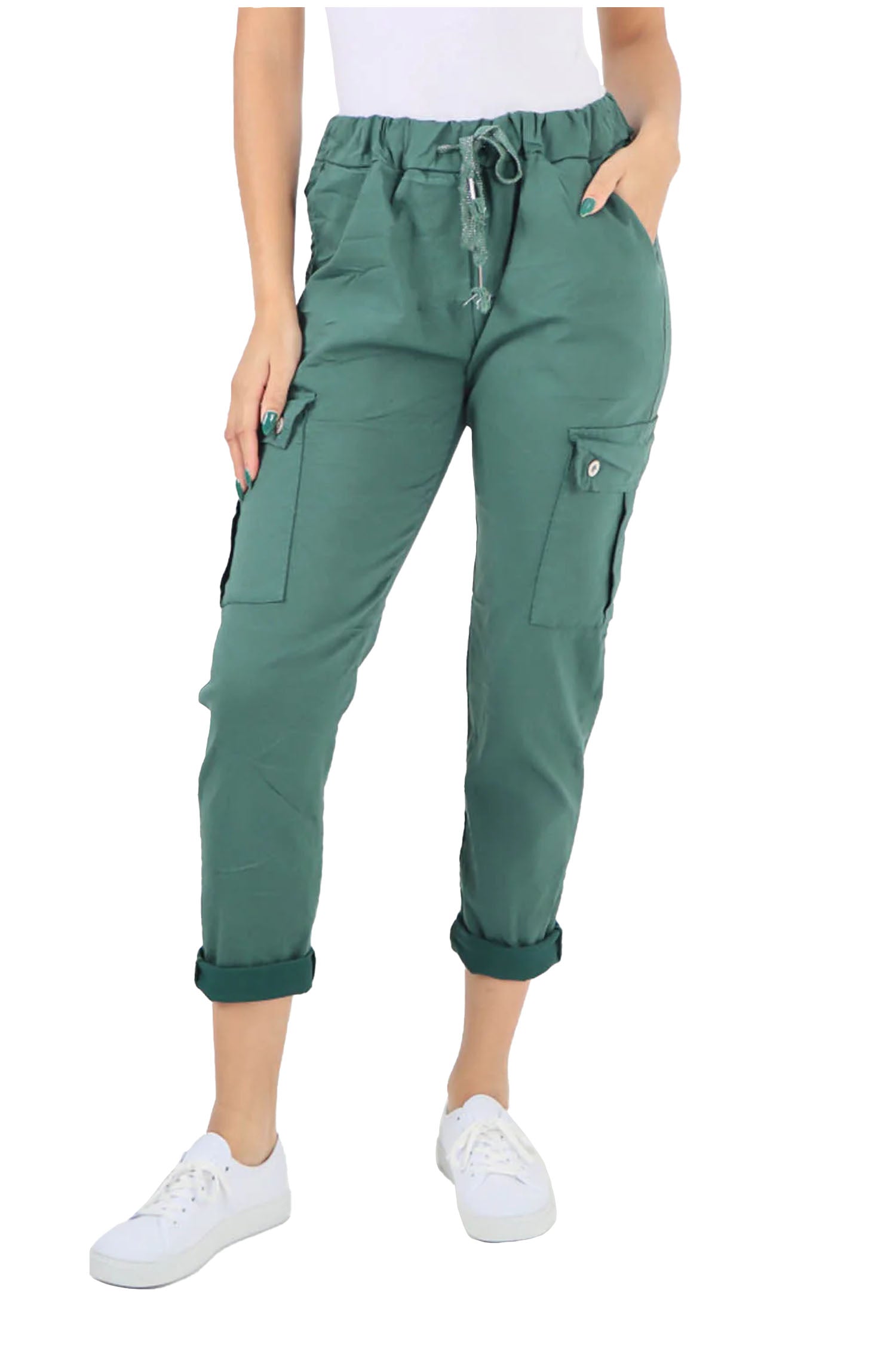 Italian Drawstring Waistband Magic Cargo Trouser - Sea Green