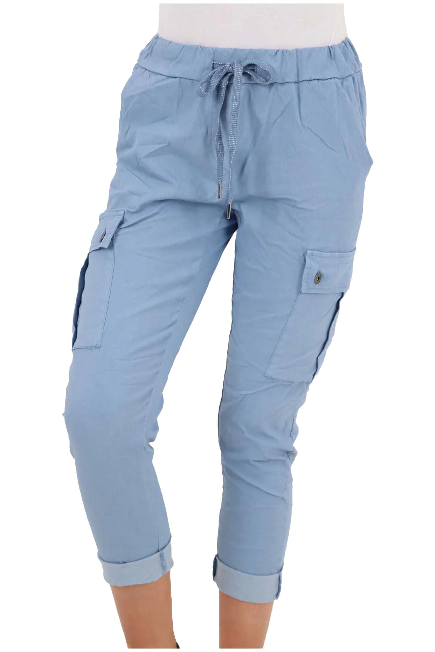 Italian Drawstring Waistband Magic Cargo Trouser - Sky Blue