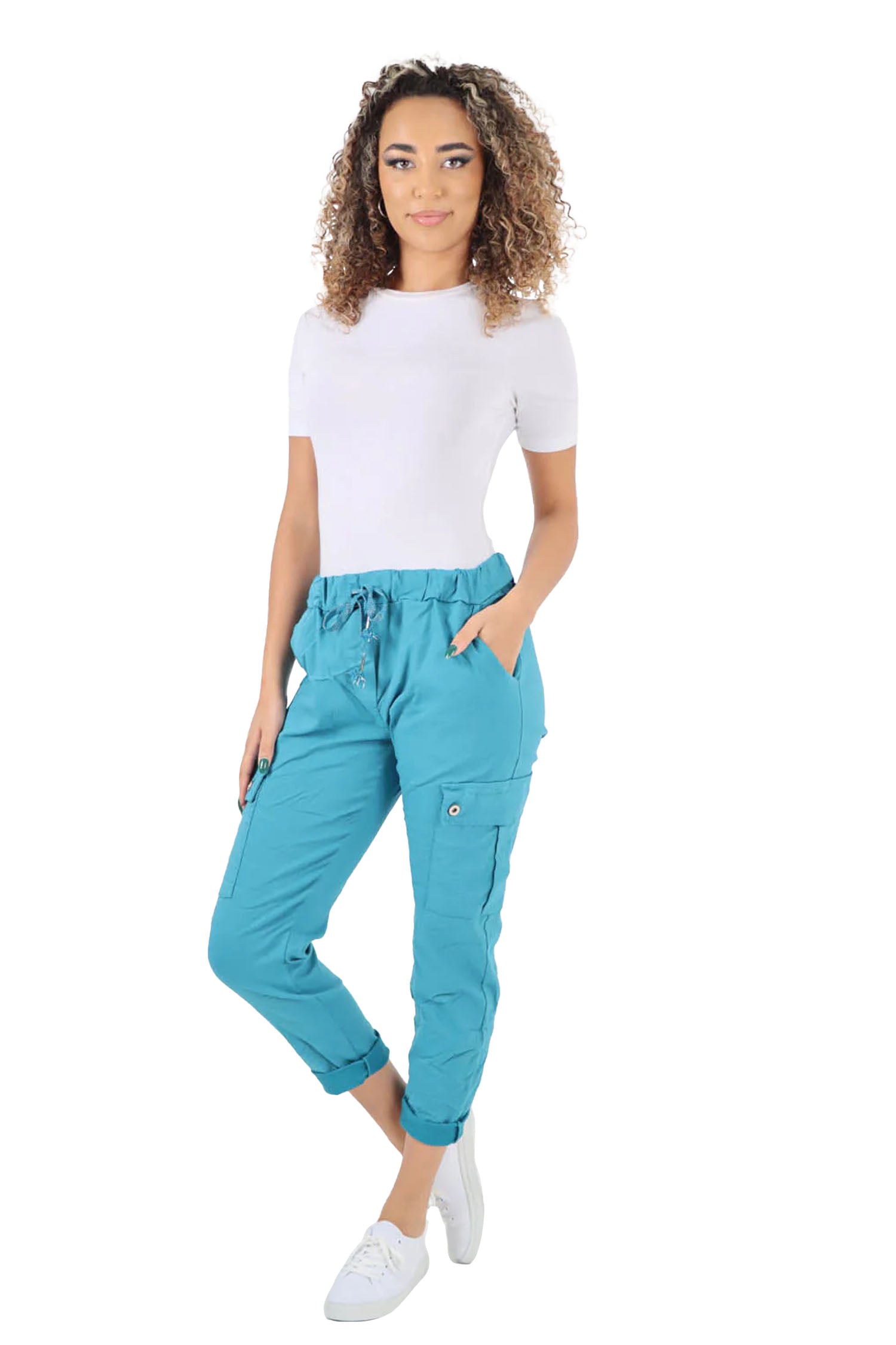 Italian Drawstring Waistband Magic Cargo Trouser - Teal