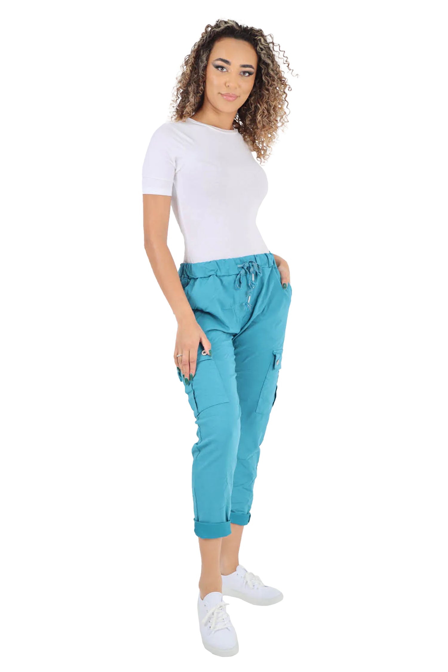 Italian Drawstring Waistband Magic Cargo Trouser - Teal