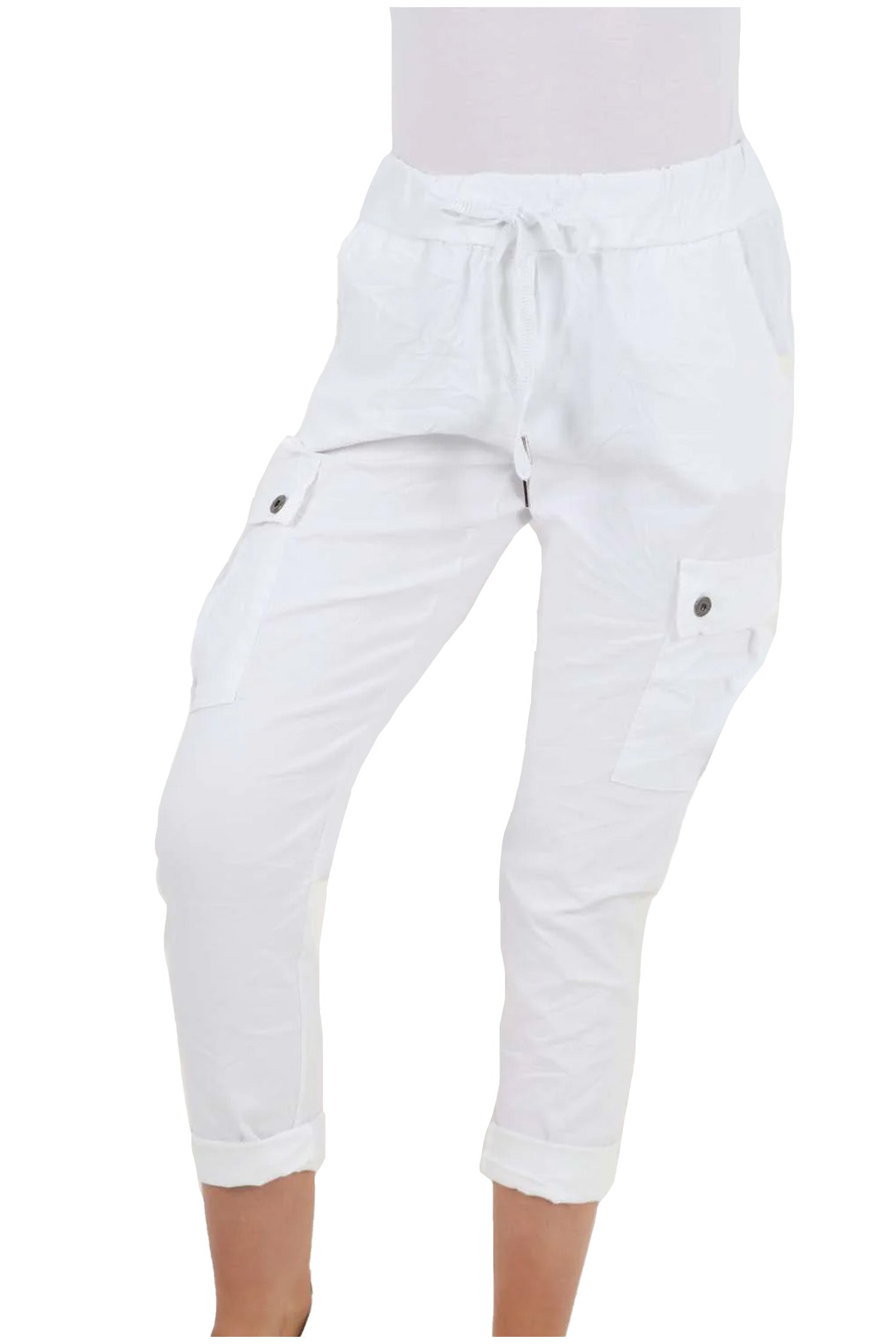 Italian Drawstring Waistband Magic Cargo Trouser - White