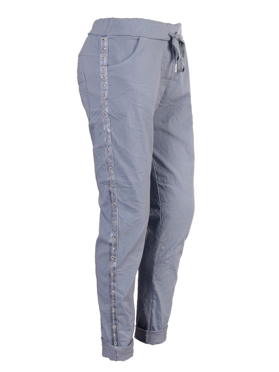 Italian Drawstring Diamante Panel Elasticated Magic Pants - Light Denim