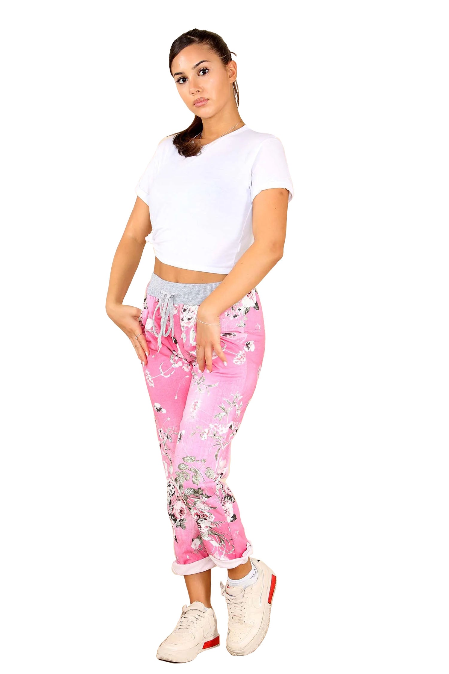 Italian Floral Print Drawstring Cotton Joggers - Baby Pink