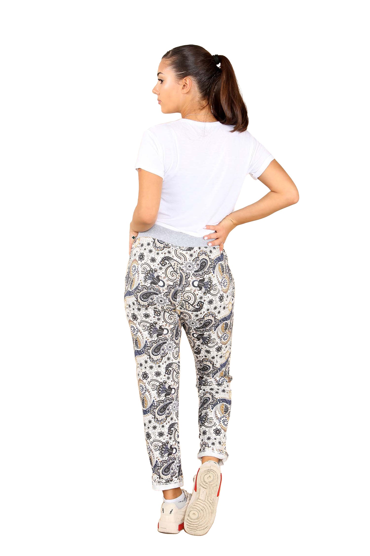 Italian Floral Print Drawstring Cotton Joggers - Black