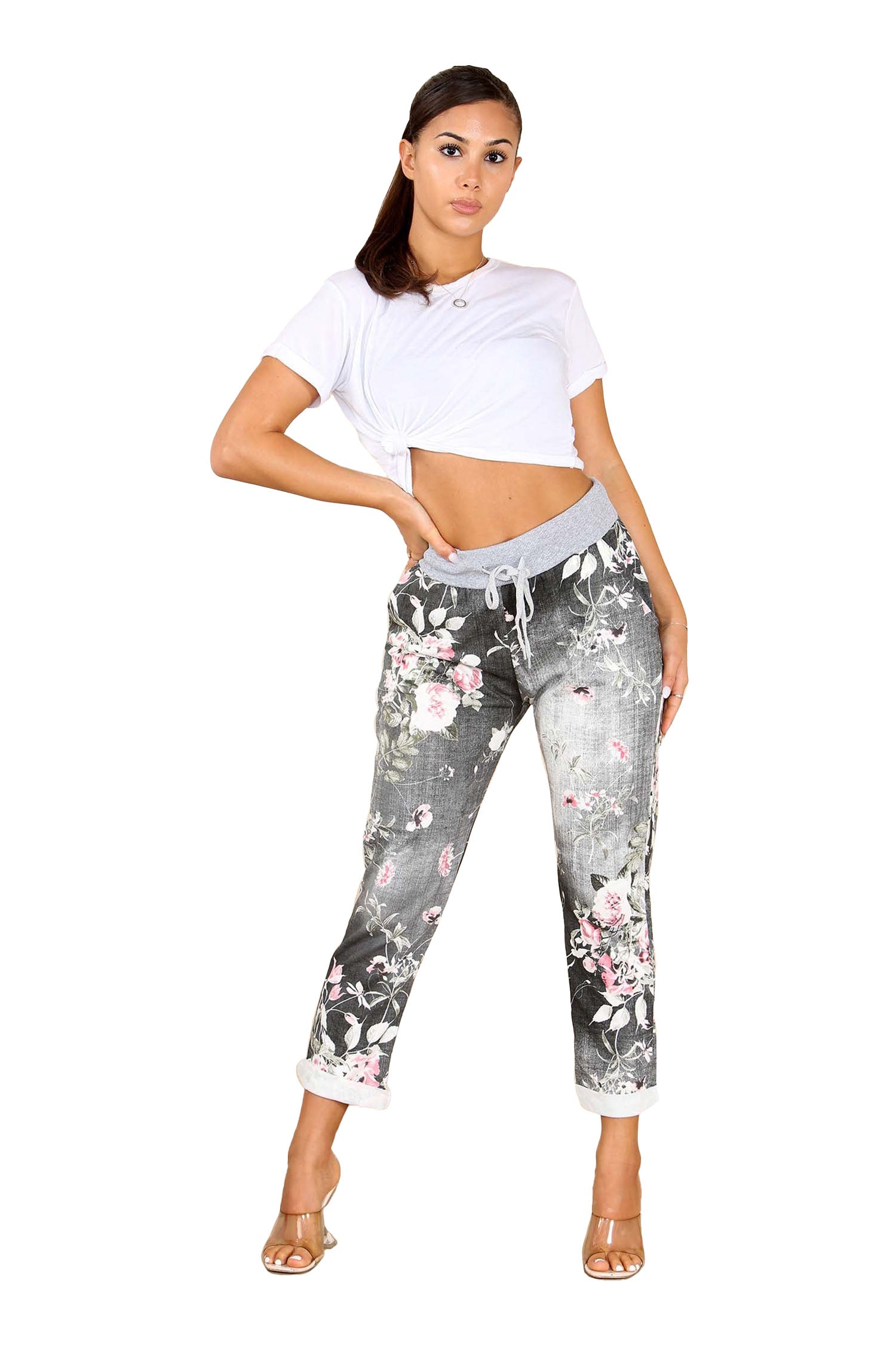 Italian Floral Print Drawstring Cotton Joggers - Black