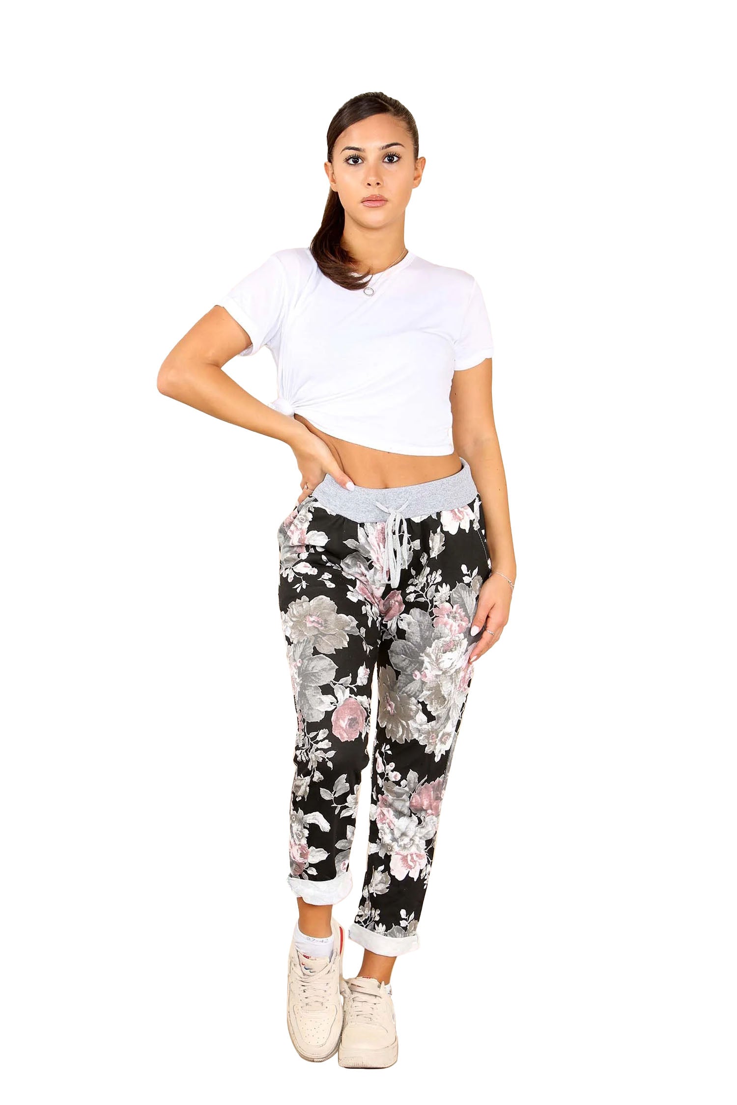 Italian Floral Print Drawstring Cotton Joggers - Black