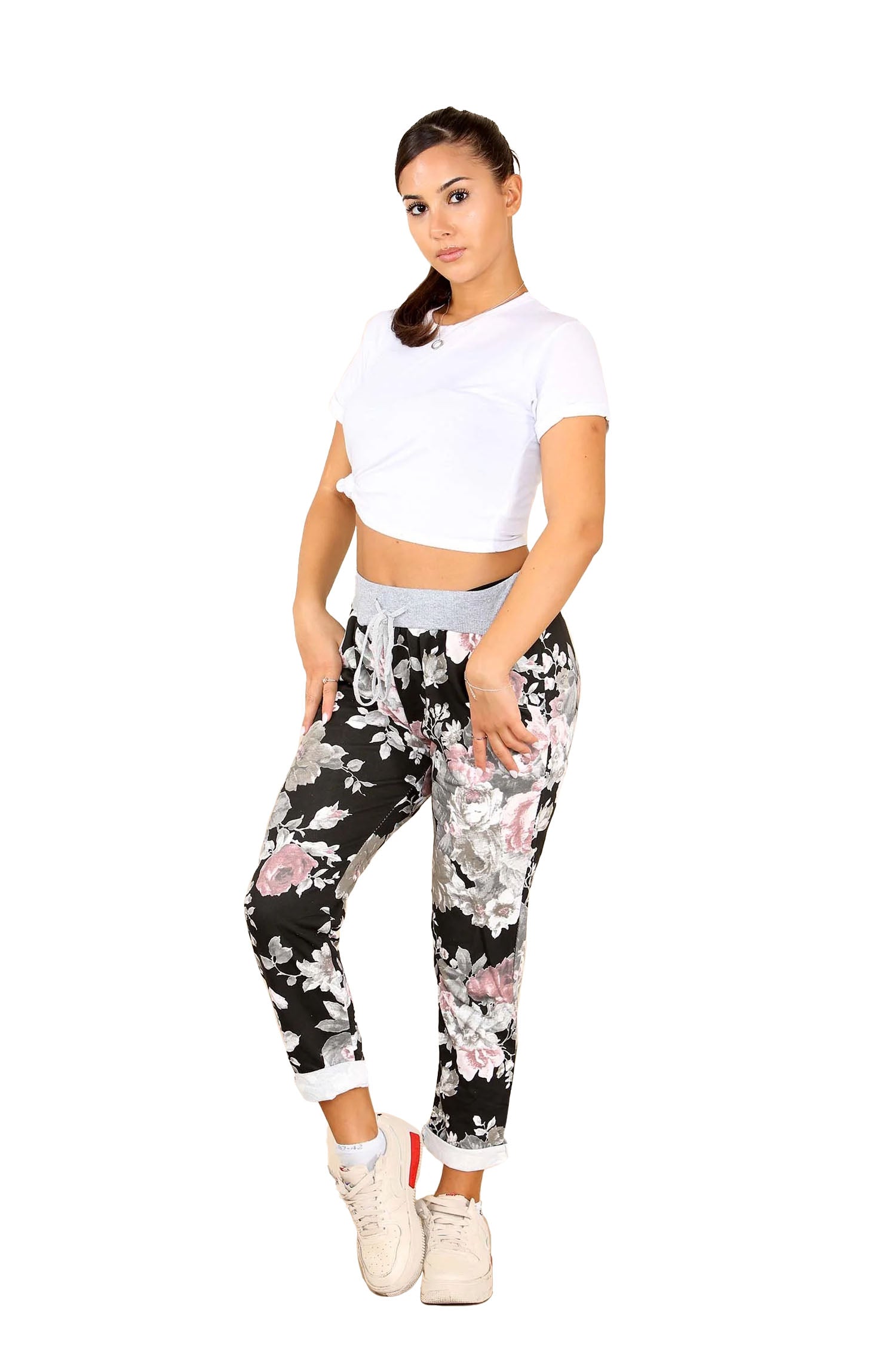 Italian Floral Print Drawstring Cotton Joggers - Black