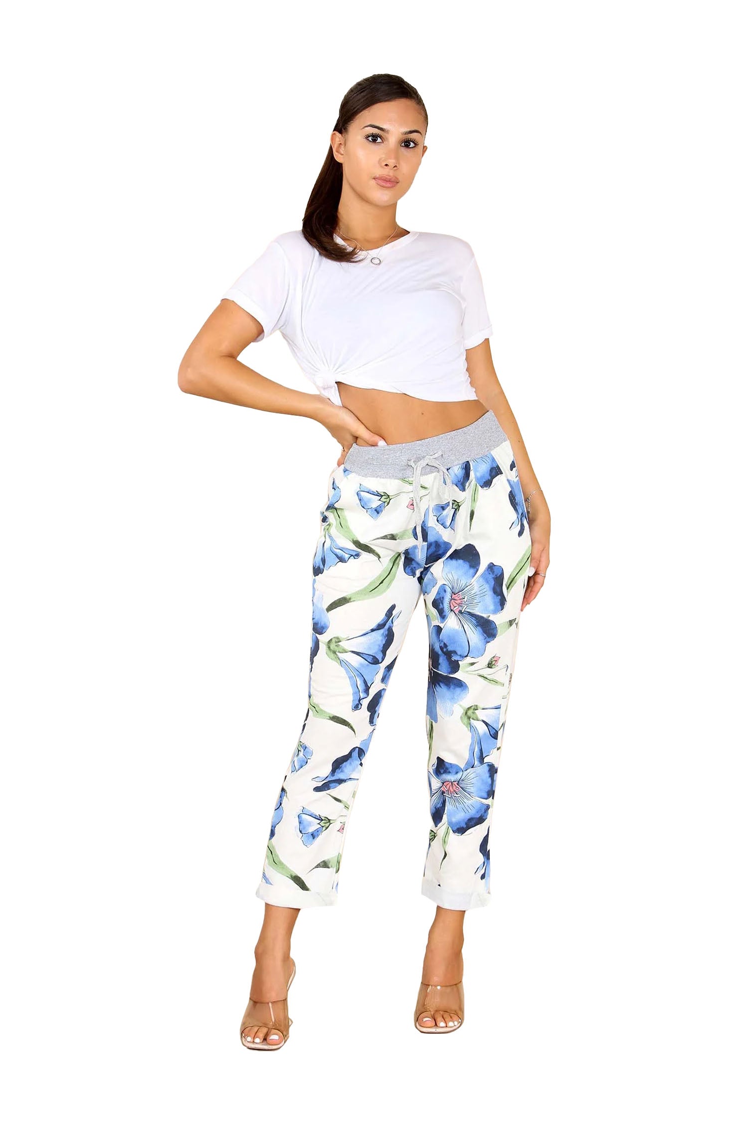 Italian Floral Print Drawstring Cotton Joggers - Blue