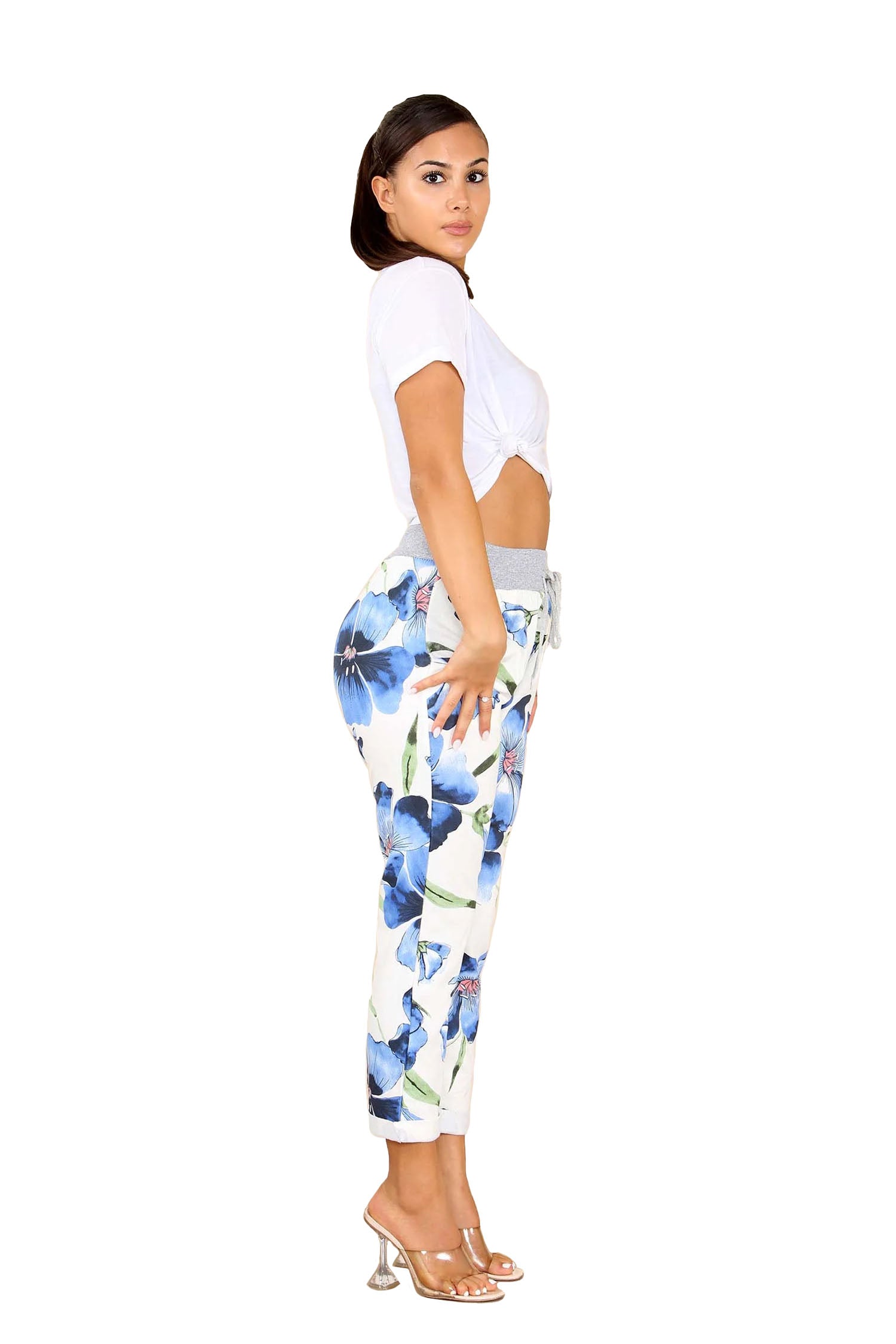 Italian Floral Print Drawstring Cotton Joggers - Blue