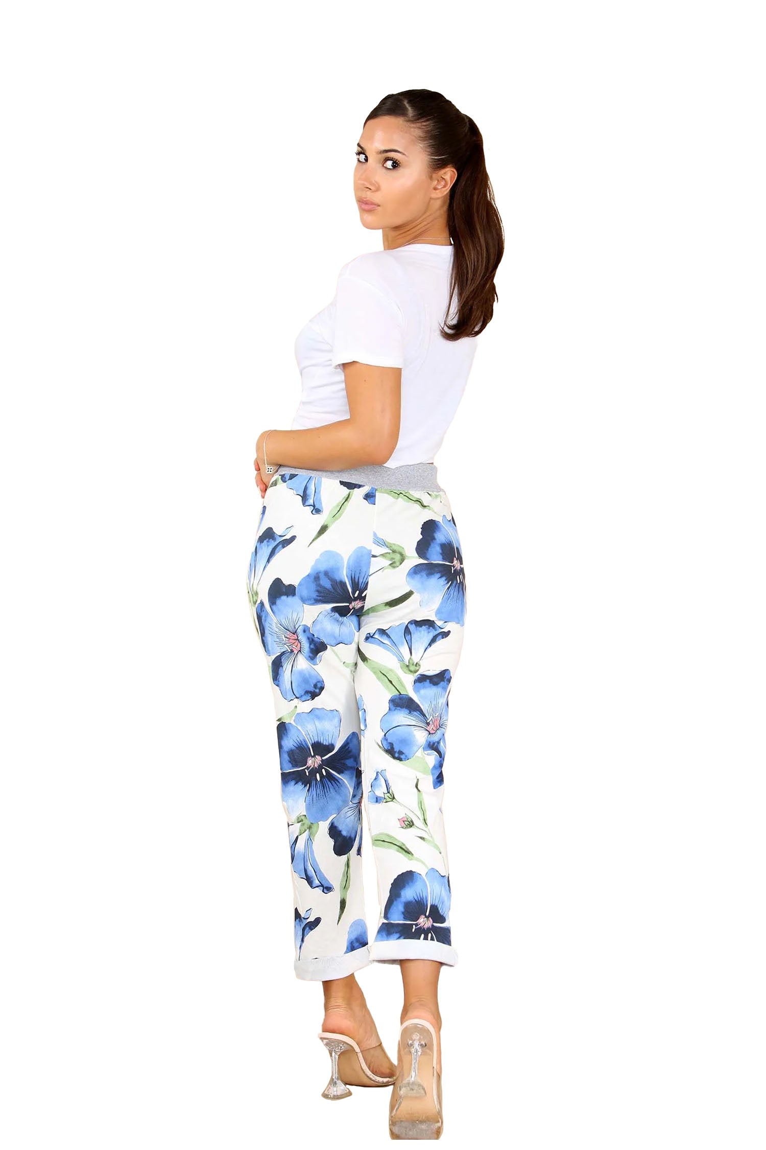 Italian Floral Print Drawstring Cotton Joggers - Blue