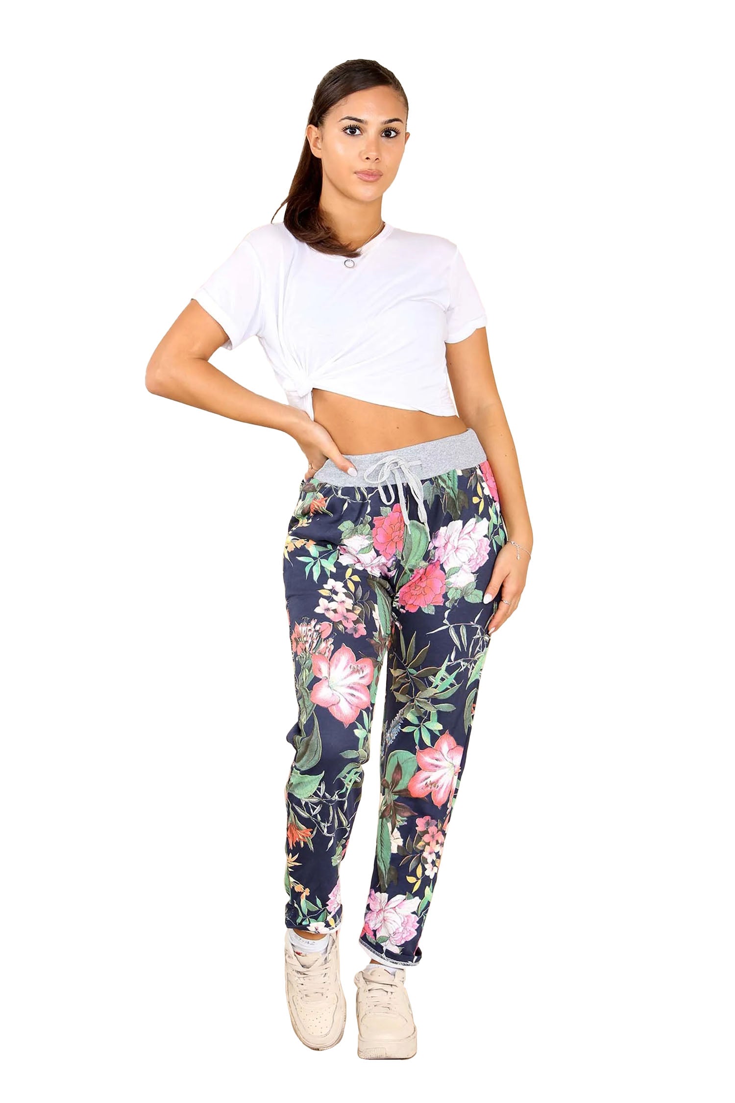 Italian Floral Print Drawstring Cotton Joggers - Blue