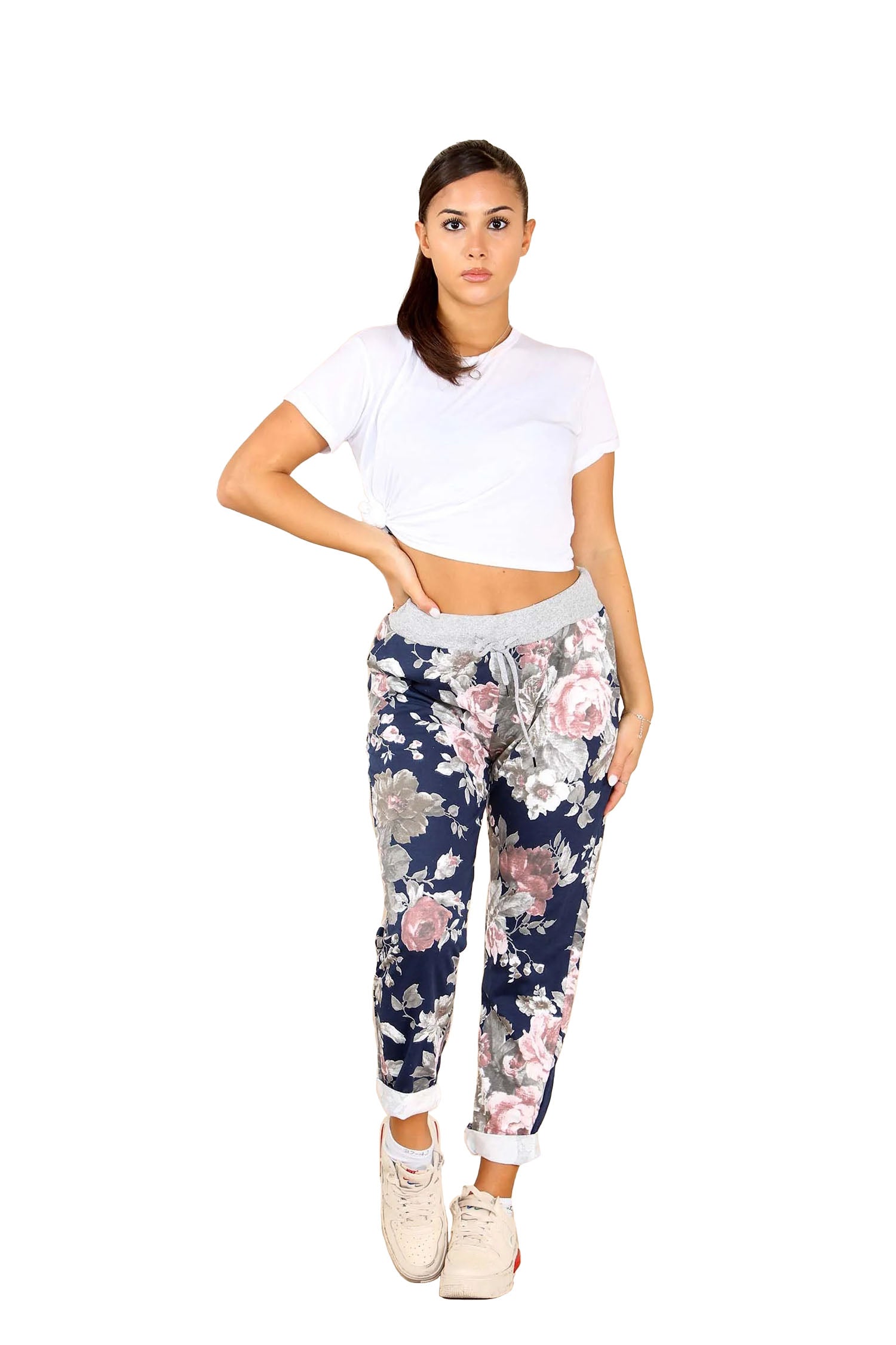 Italian Floral Print Drawstring Cotton Joggers - Blue