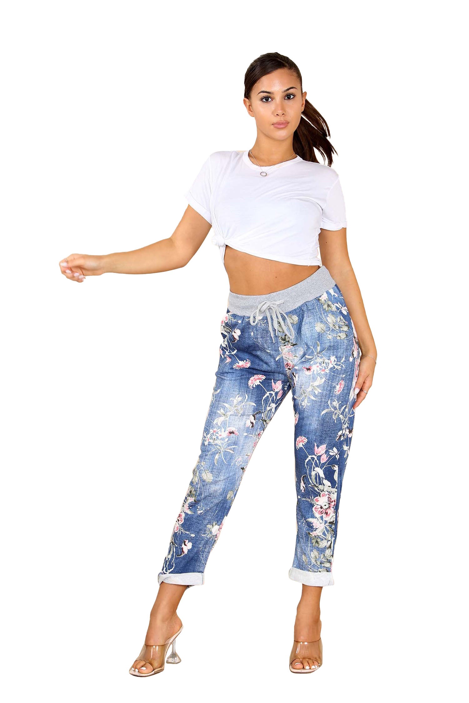 Italian Floral Print Drawstring Cotton Joggers - Blue