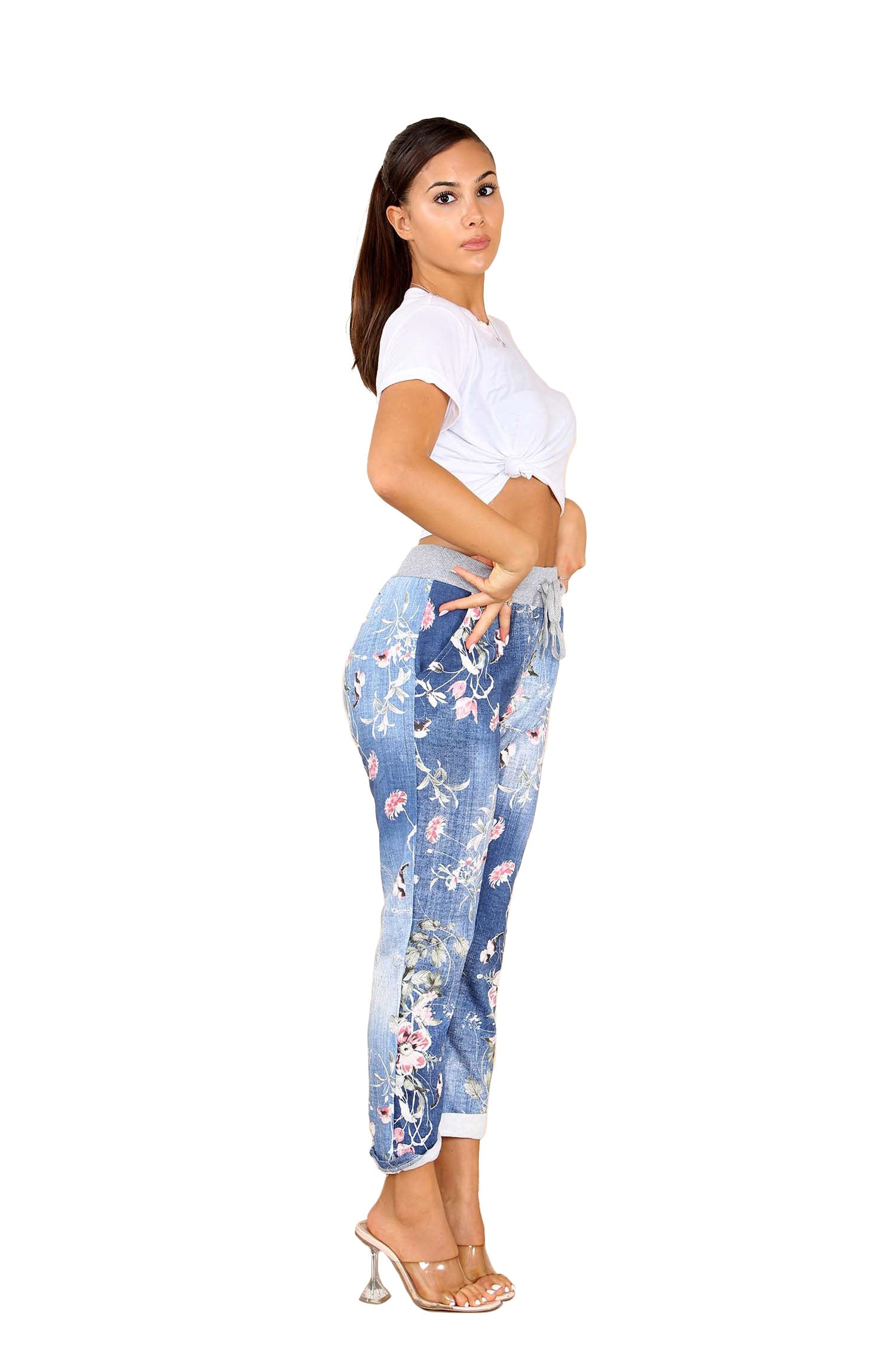 Italian Floral Print Drawstring Cotton Joggers - Blue