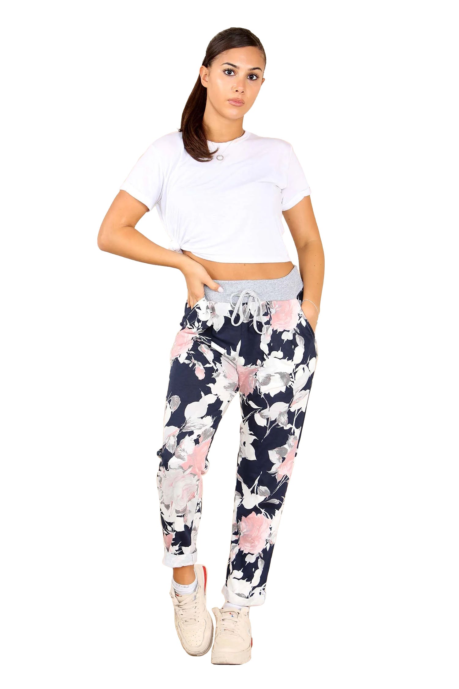 Italian Floral Print Drawstring Cotton Joggers - Denim Blue