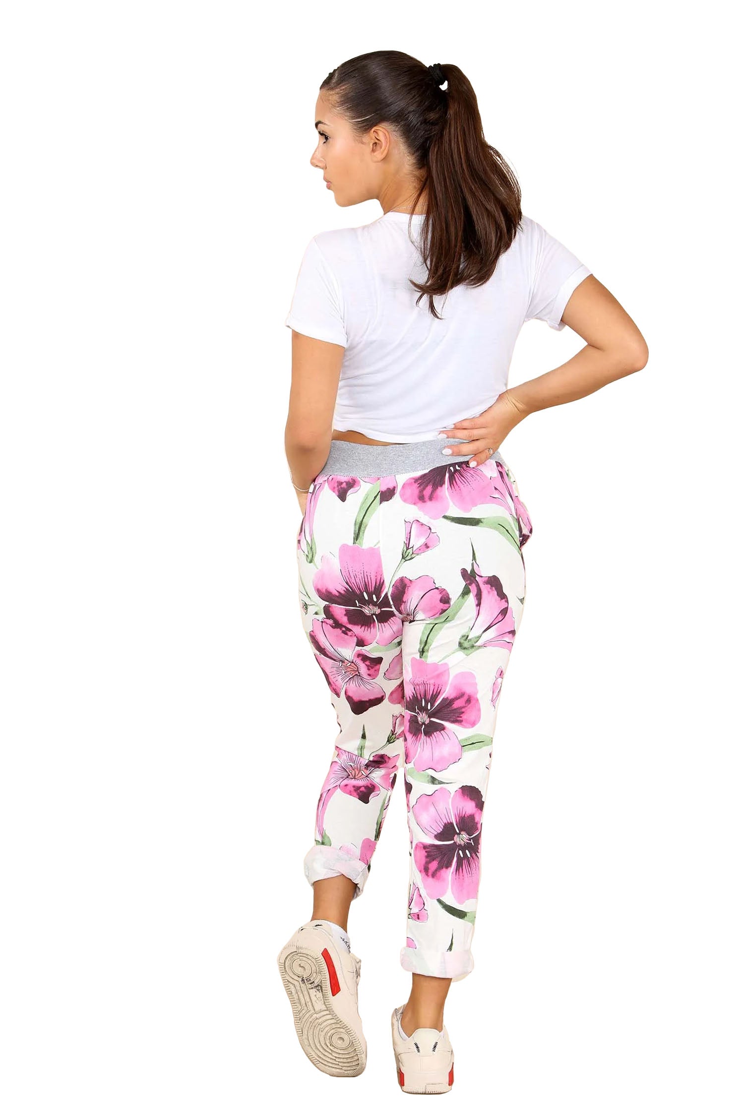 Italian Floral Print Drawstring Cotton Joggers - Falsa