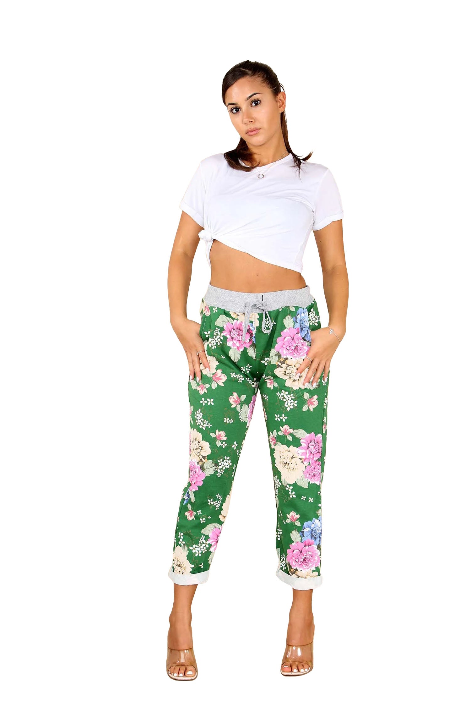 Italian Floral Print Drawstring Cotton Joggers - Green