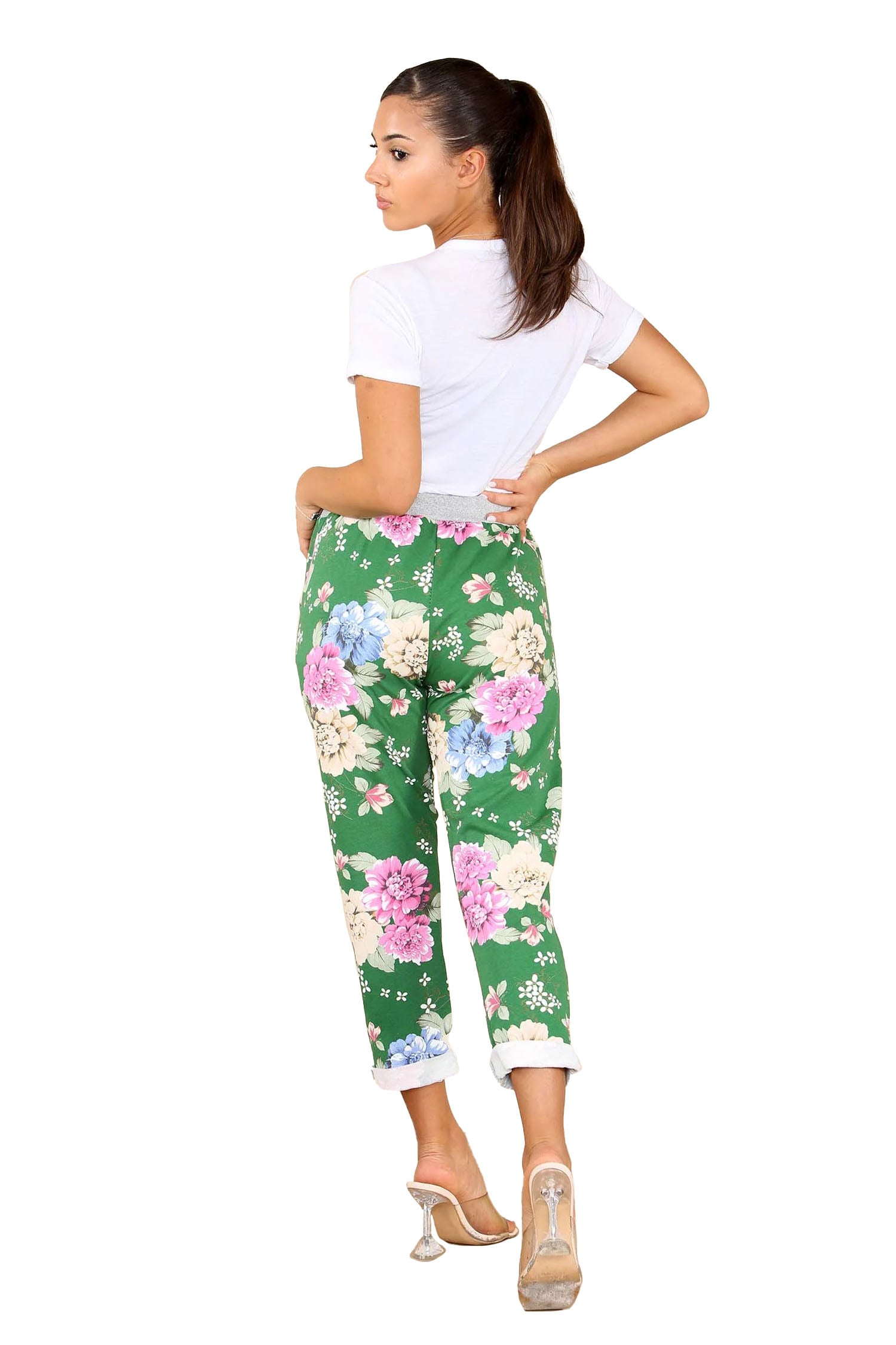 Italian Floral Print Drawstring Cotton Joggers - Green