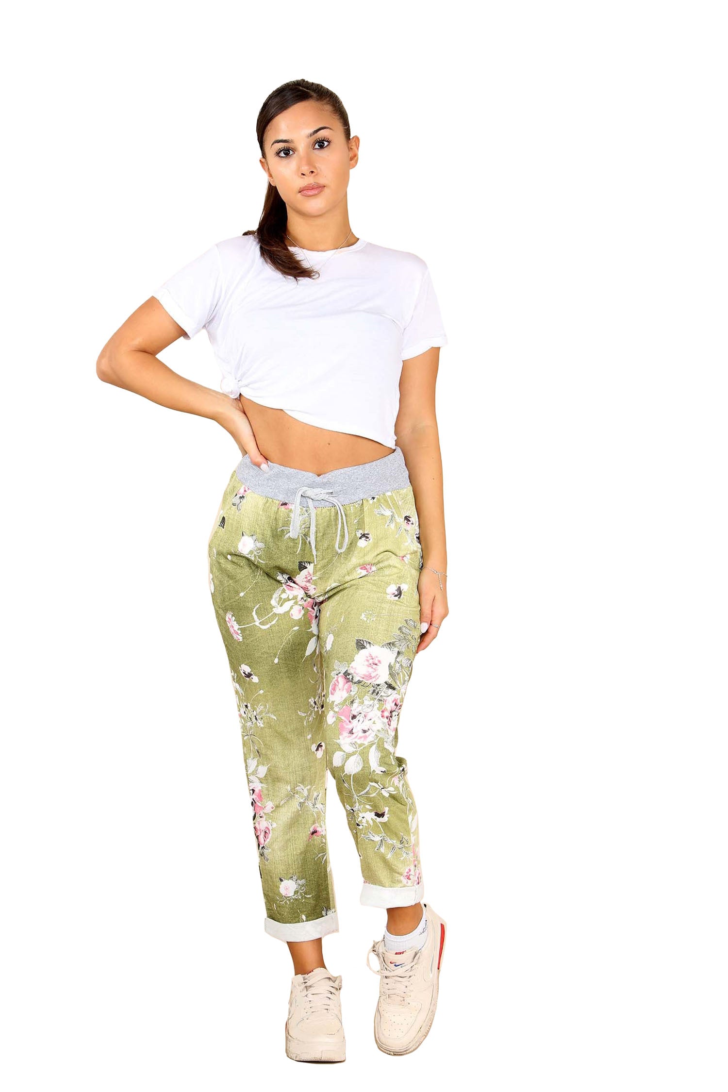 Italian Floral Print Drawstring Cotton Joggers - Lime Green