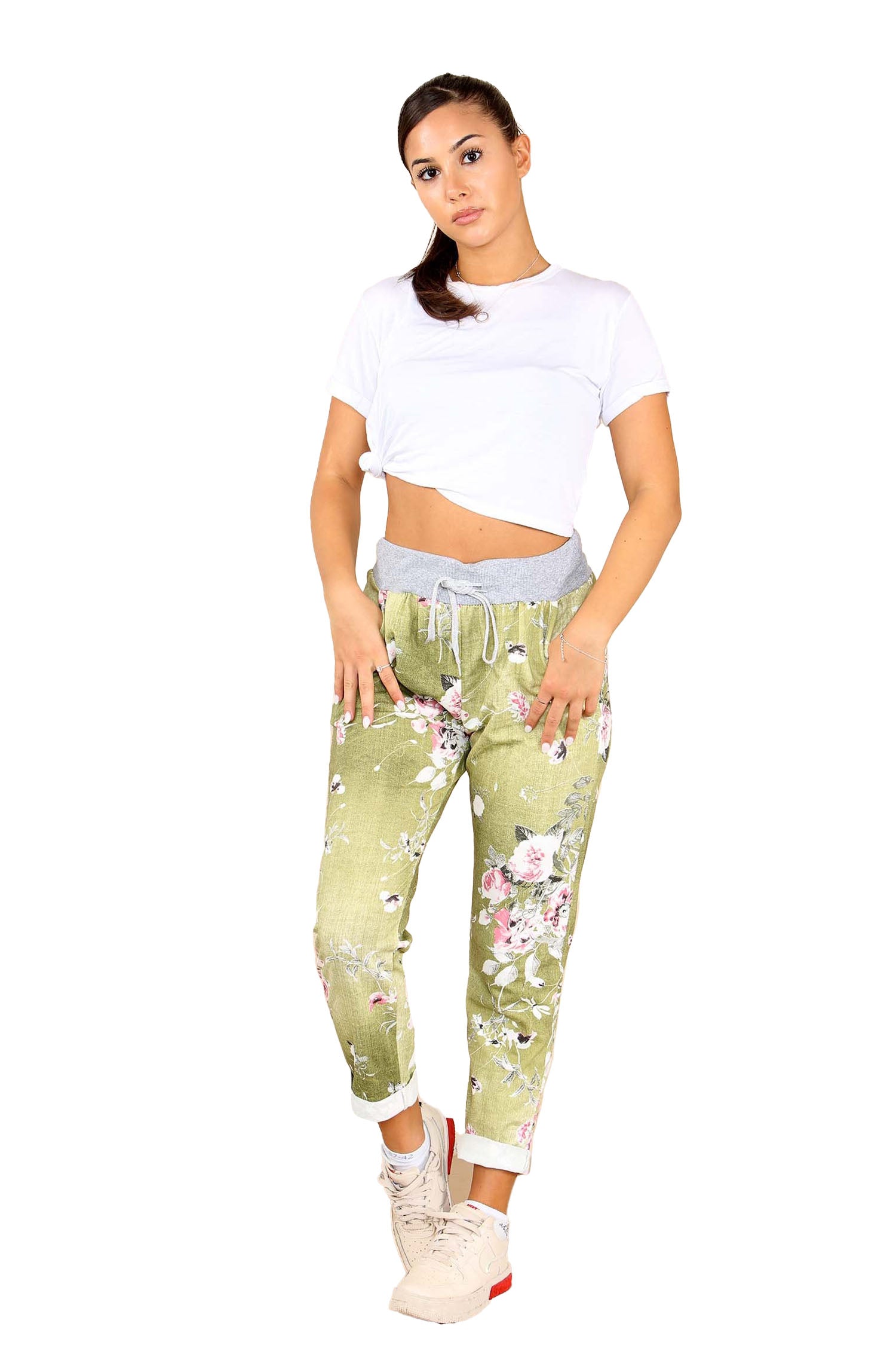 Italian Floral Print Drawstring Cotton Joggers - Lime Green