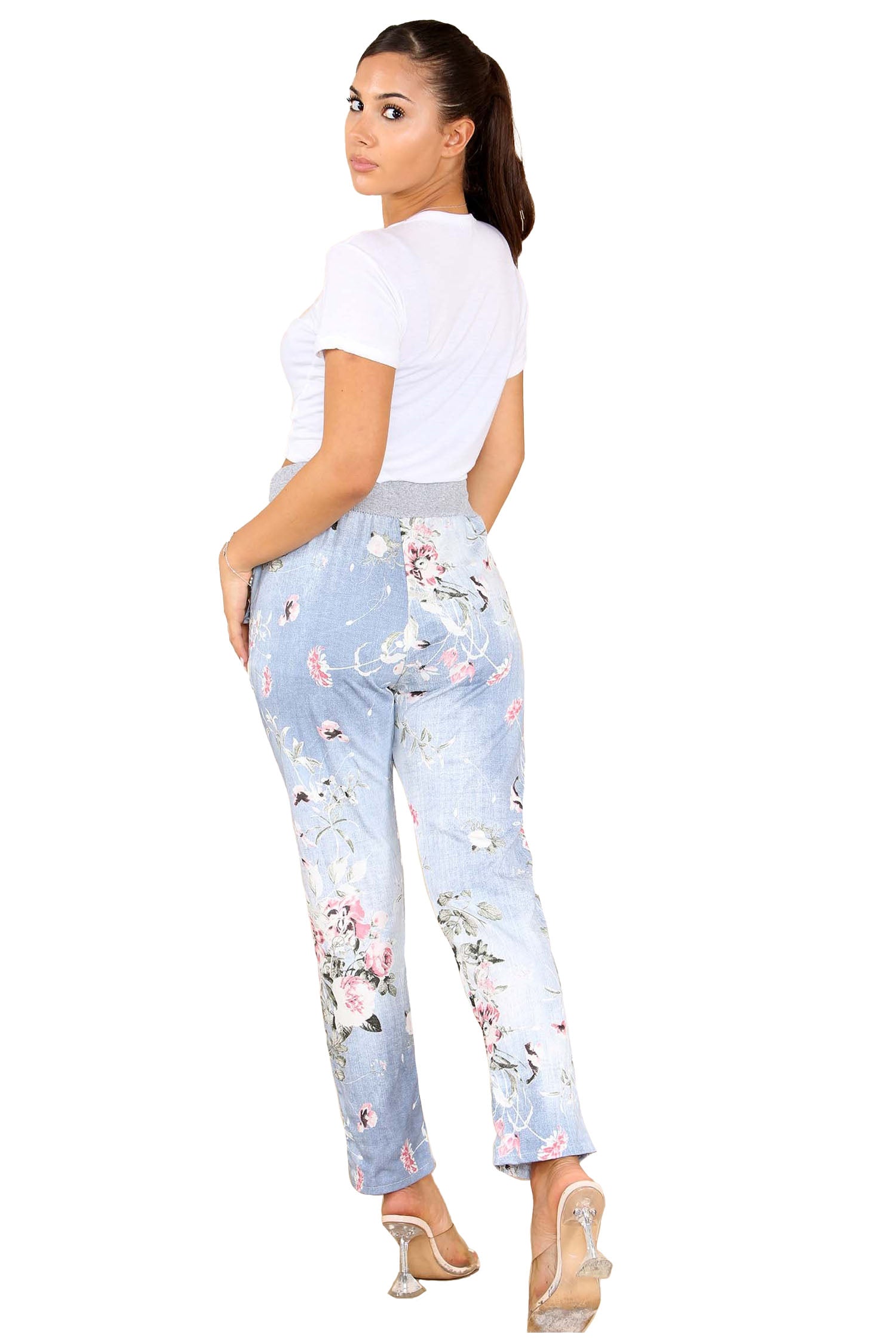 Italian Floral Print Drawstring Cotton Joggers - Lite Blue