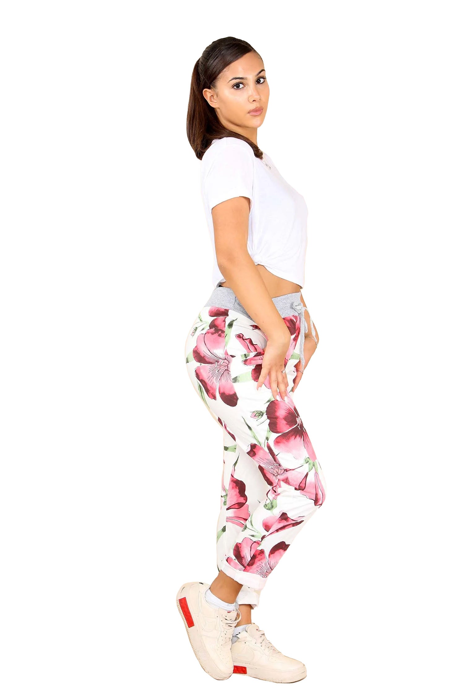 Italian Floral Print Drawstring Cotton Joggers - Mahroon