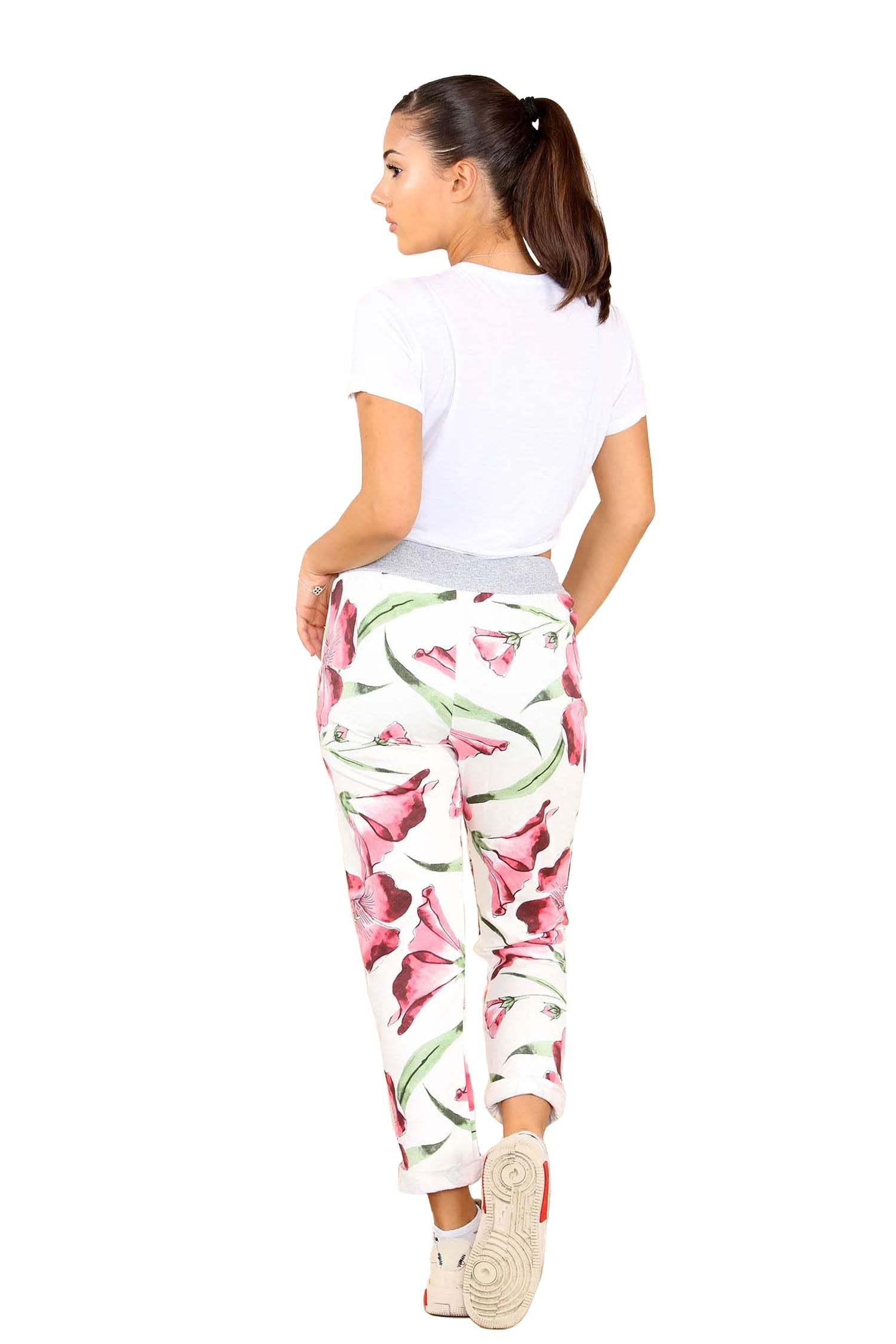 Italian Floral Print Drawstring Cotton Joggers - Mahroon