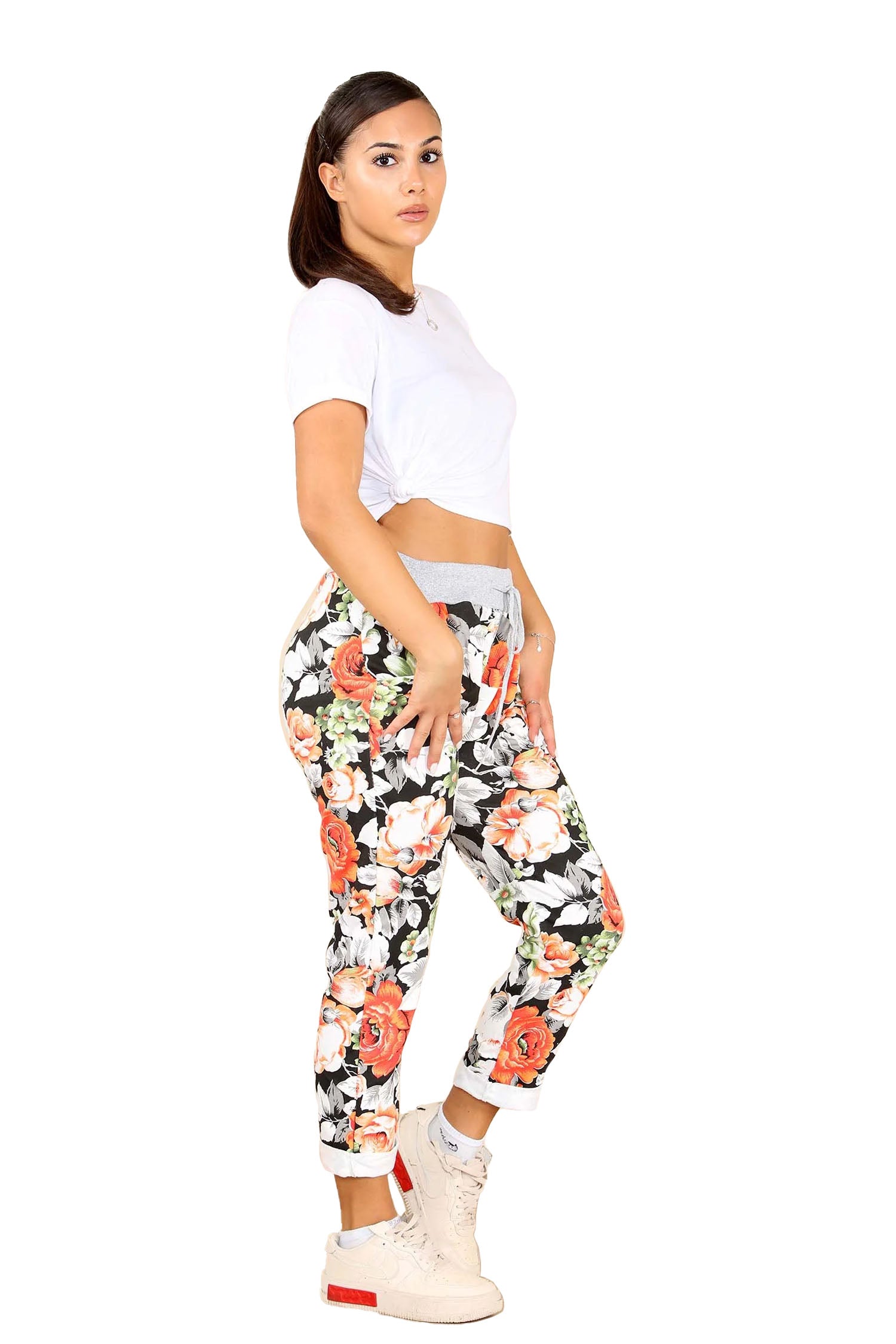 Italian Floral Print Drawstring Cotton Joggers - Multy